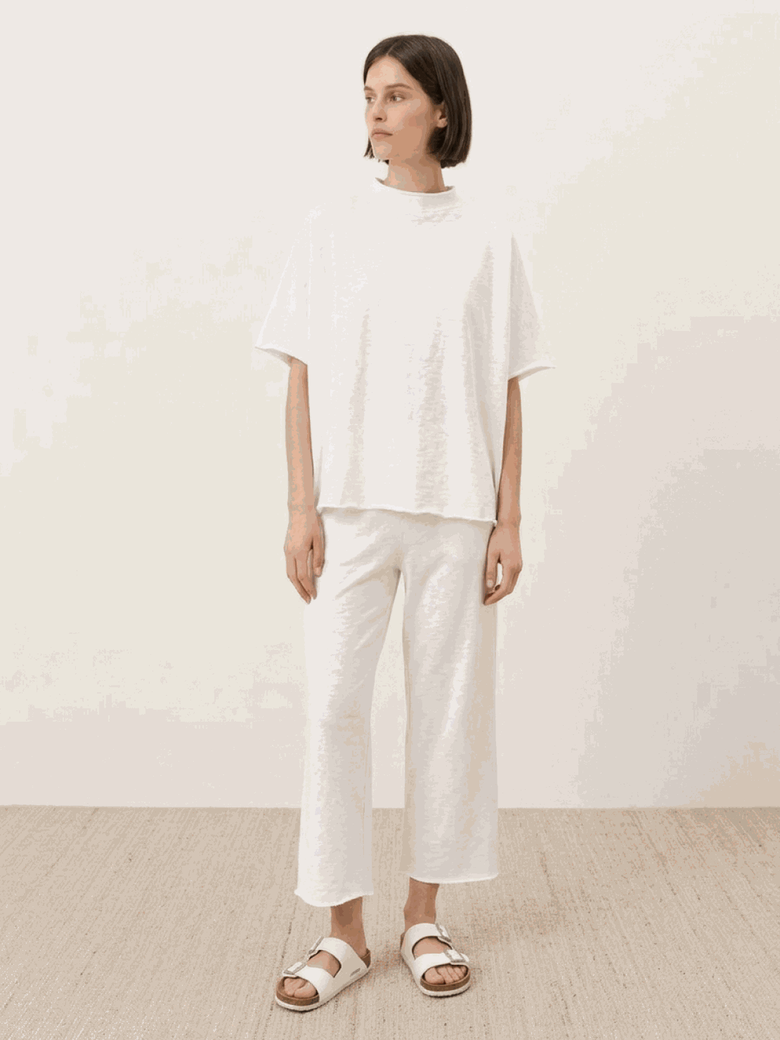 Cotton-blend capelet lounge set with mock neck cape-style top and wide-leg pants in multiple colors