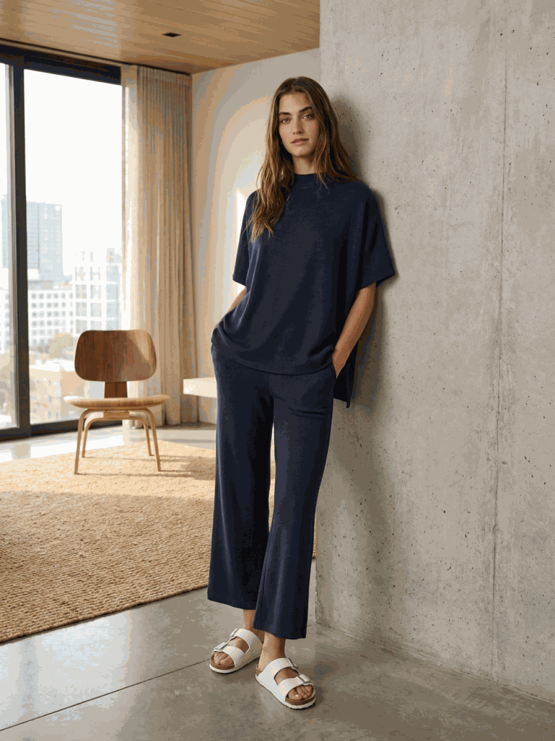 Woman wearing cotton-blend capelet top with batwing sleeves and wide-leg pants in a lounge set