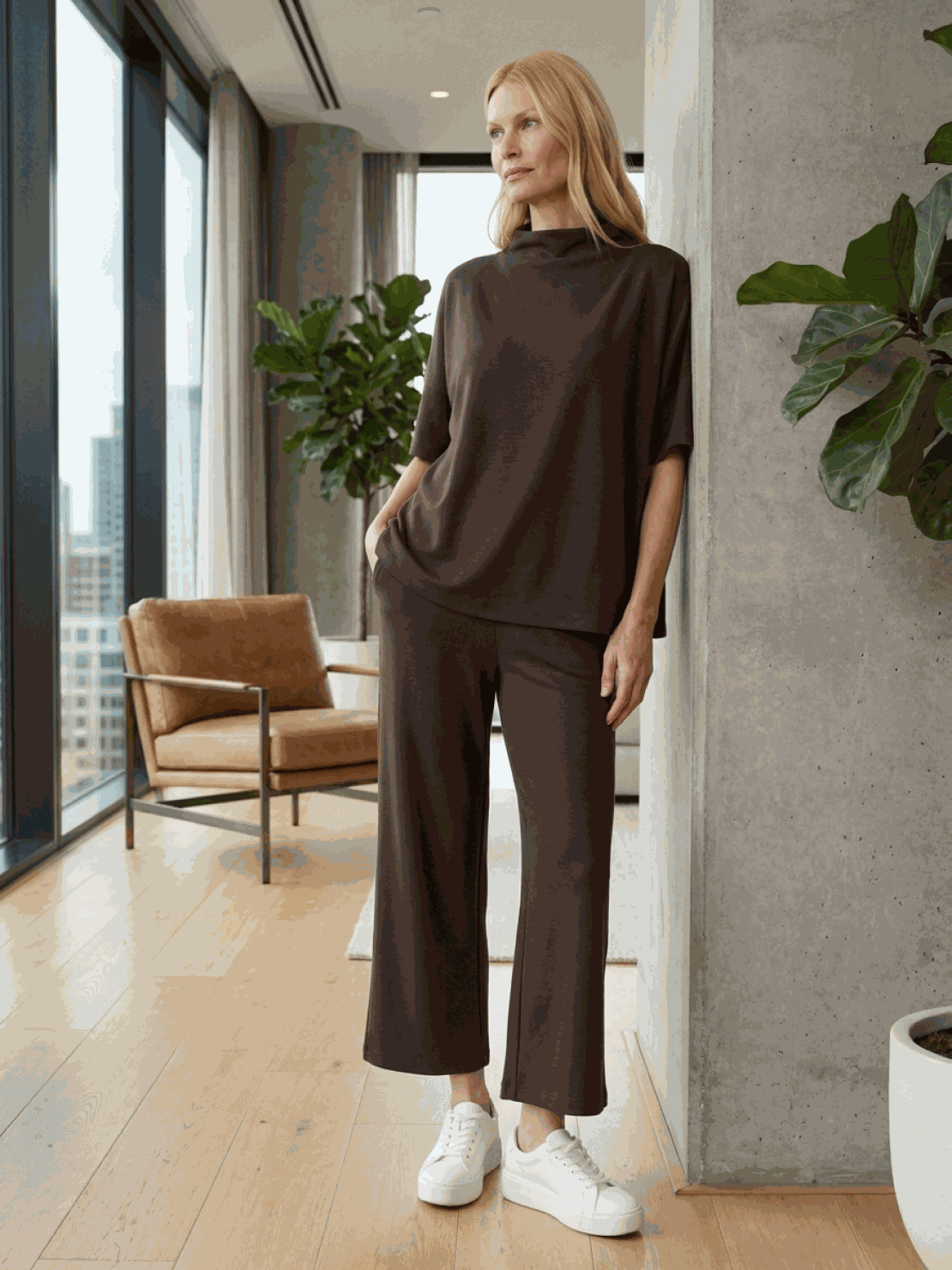 Woman wearing cotton-blend capelet top with batwing sleeves and wide-leg pants lounge set in blush pink