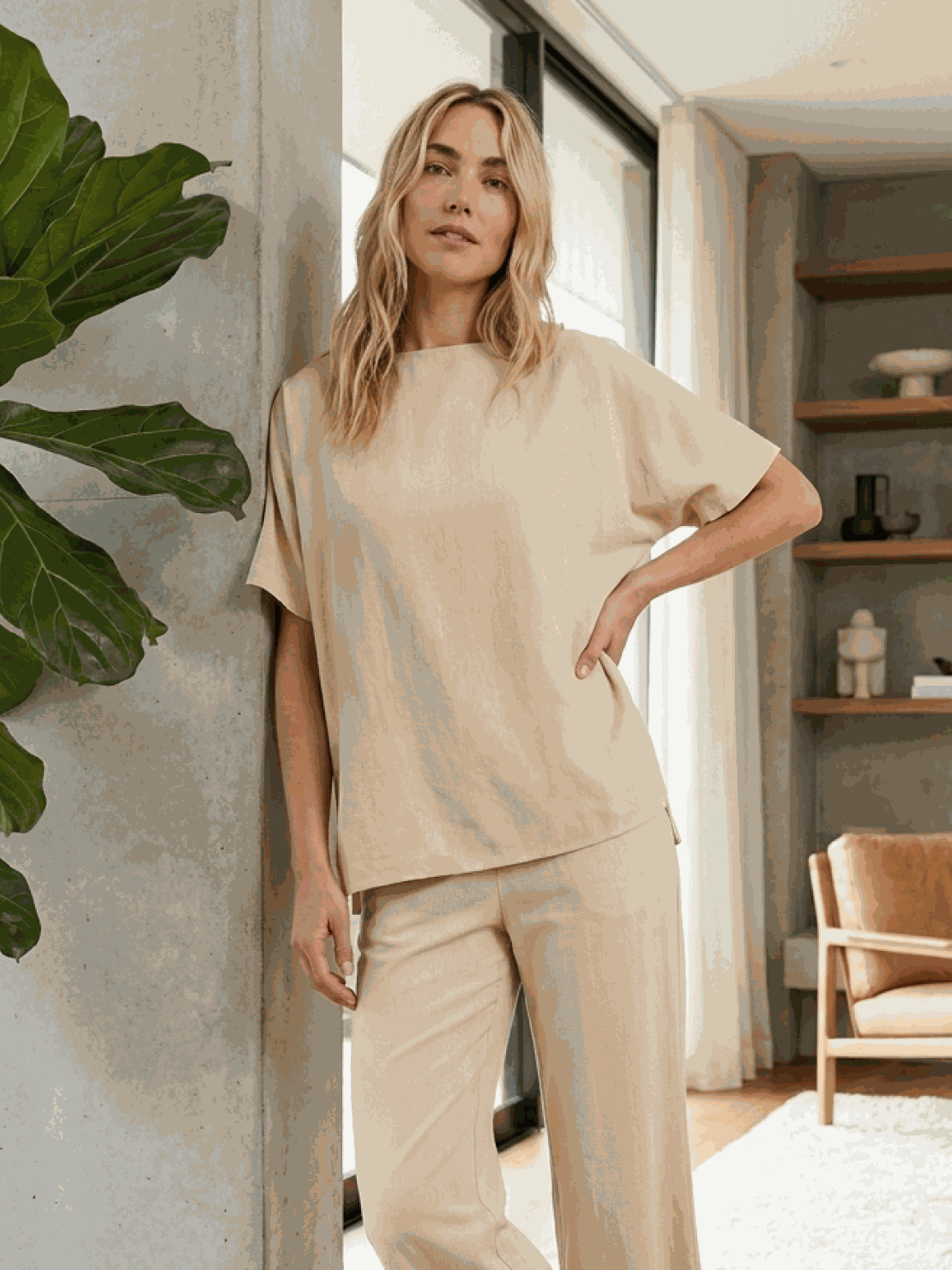 Woman wearing cotton-blend capelet top with batwing sleeves and wide-leg pants lounge set