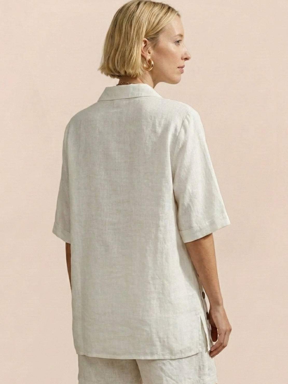 Lightweight 100% cotton beige co-ord set with oversized button-front top and relaxed shorts