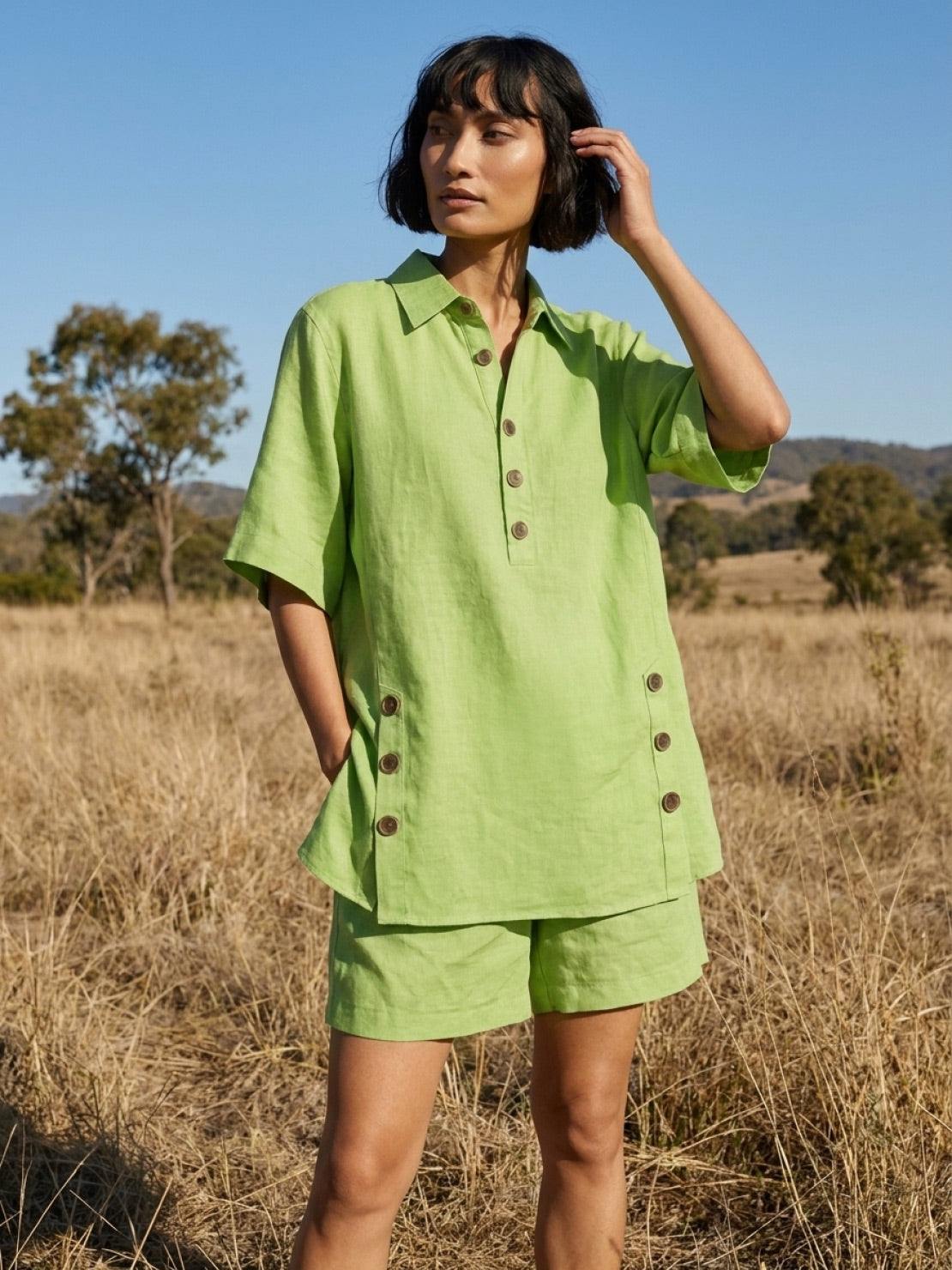 100% cotton oversized button-front co-ord set with relaxed shorts and decorative side buttons