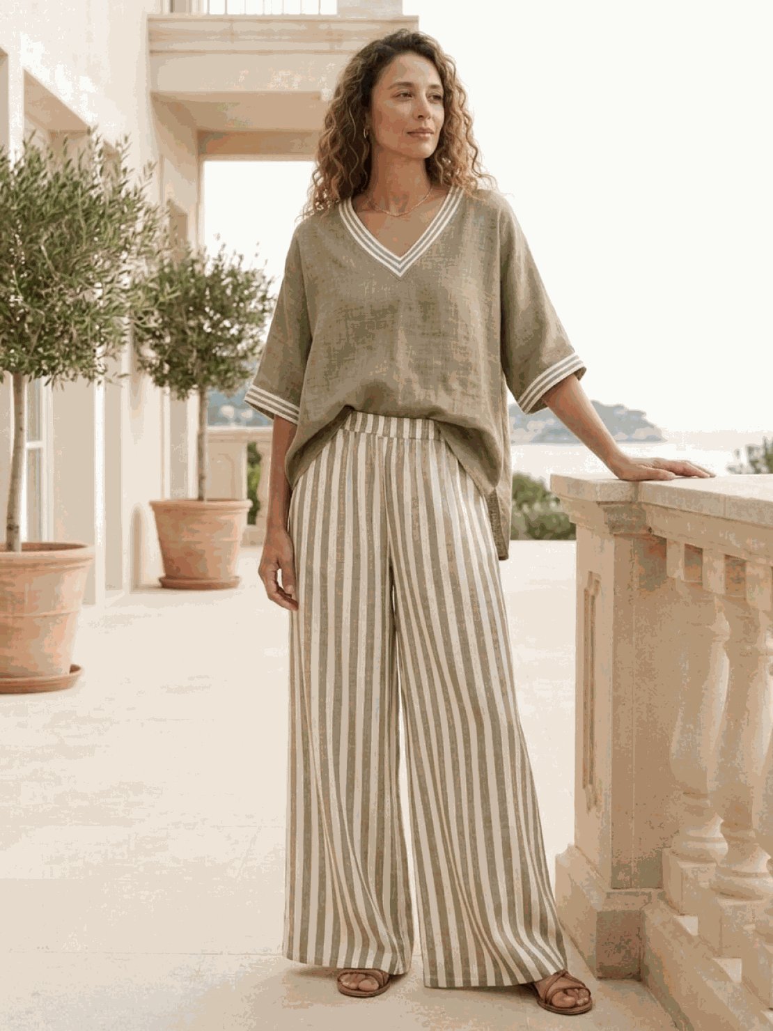 Striped wide-leg co-ord set with oversized top and elastic waist palazzo pants in multiple colors