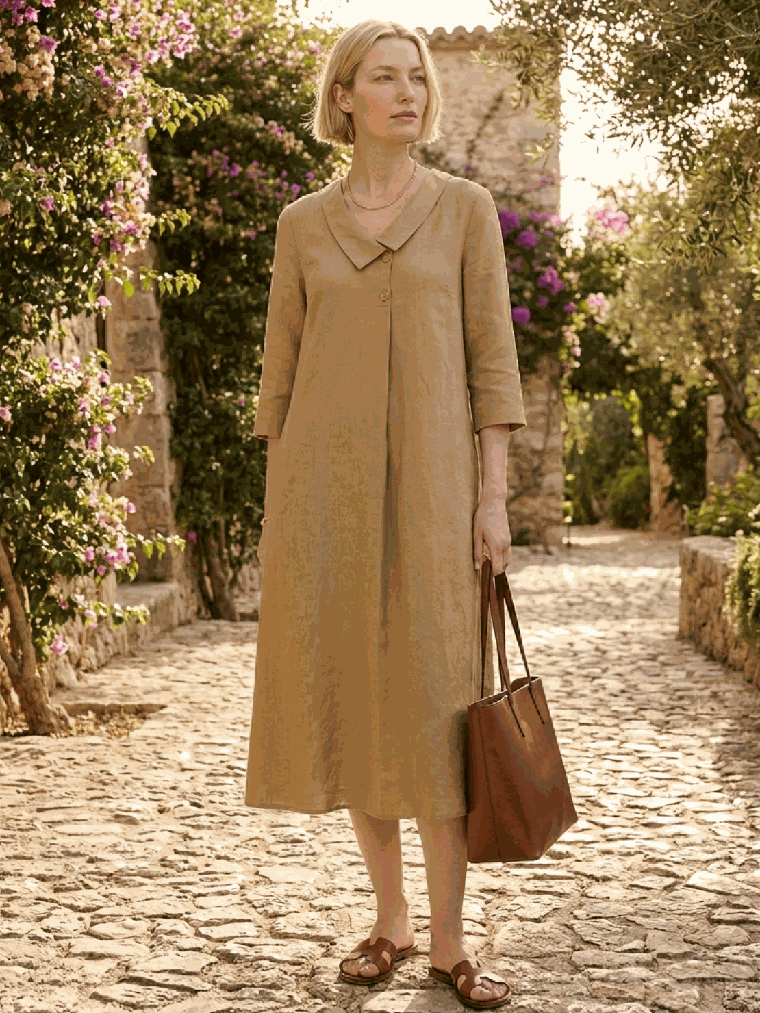 Woman wearing navy linen-look midi dress with blazer neckline and button detail outdoors
