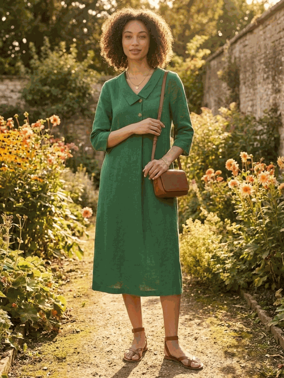 Navy linen-look midi dress with relaxed fit, V-neckline, two-button chest detail, 3/4 sleeves, and side pockets.