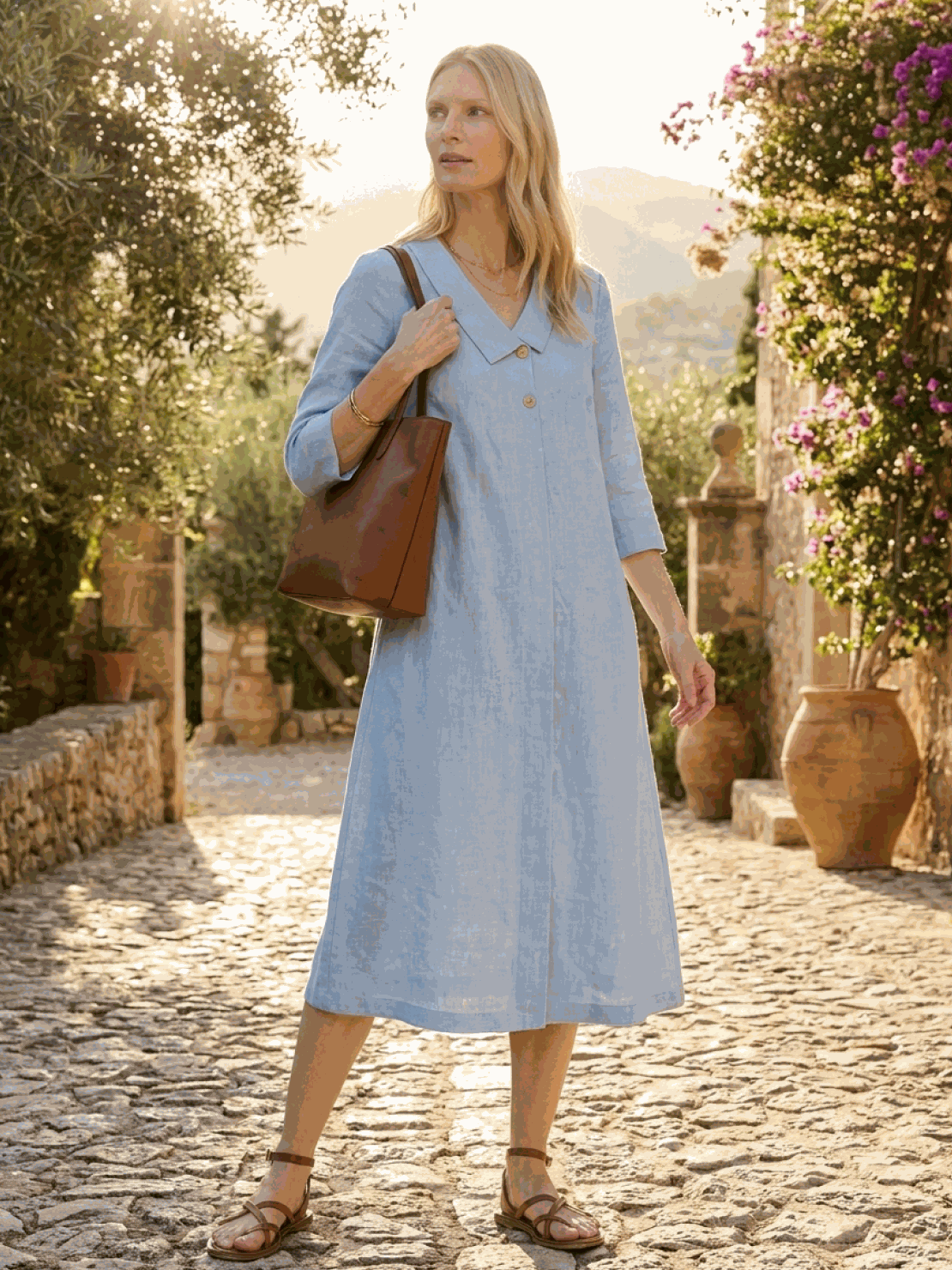 Woman wearing navy linen-look midi dress with 3/4 sleeves and side pockets
