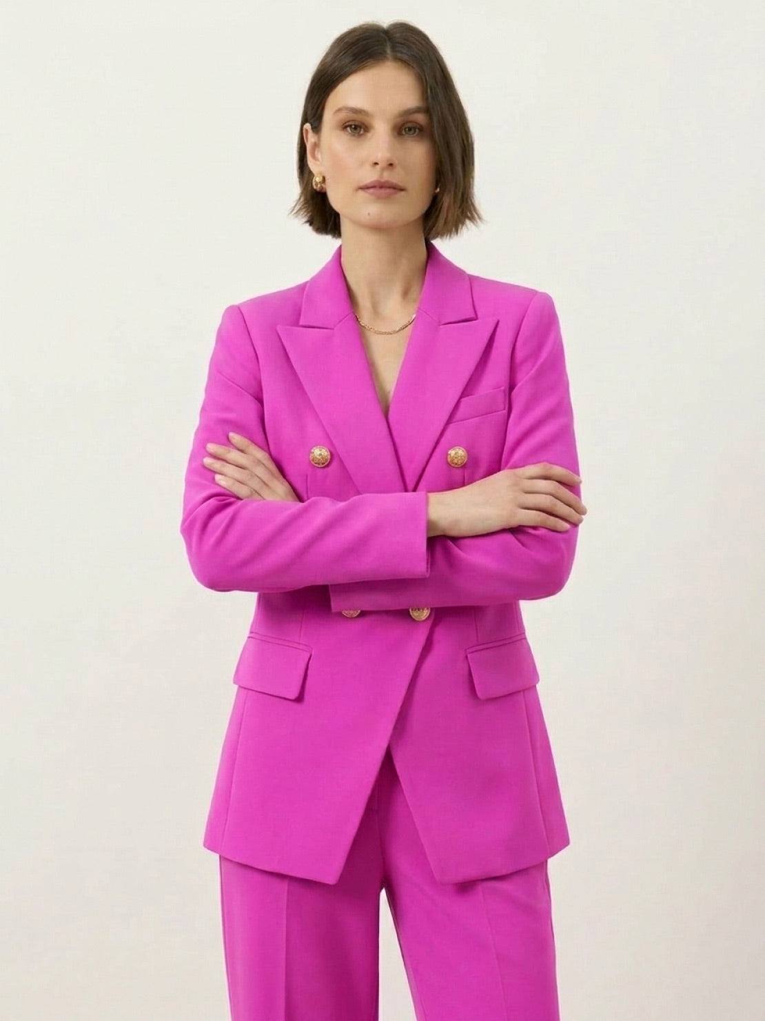 Structured double-breasted blazer with gold buttons and wide-leg trousers co-ord set