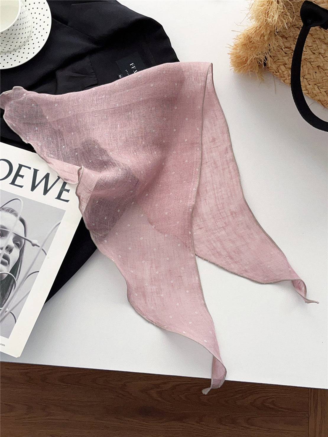 Lightweight 100% linen neck scarf with checkered pattern and natural rolled edges