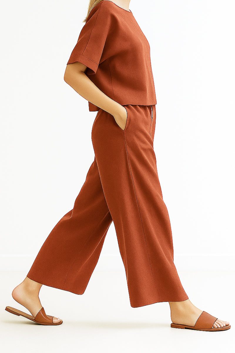 Lightweight Breezy Meadow two-piece set with relaxed short-sleeve top and wide-leg trousers in soft polyester fabric