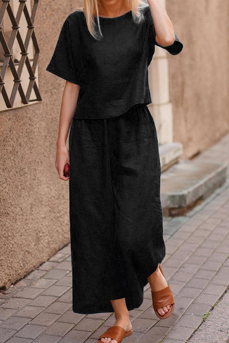 Breezy Meadow two-piece set with soft-tailored top and wide-leg trousers in lightweight polyester