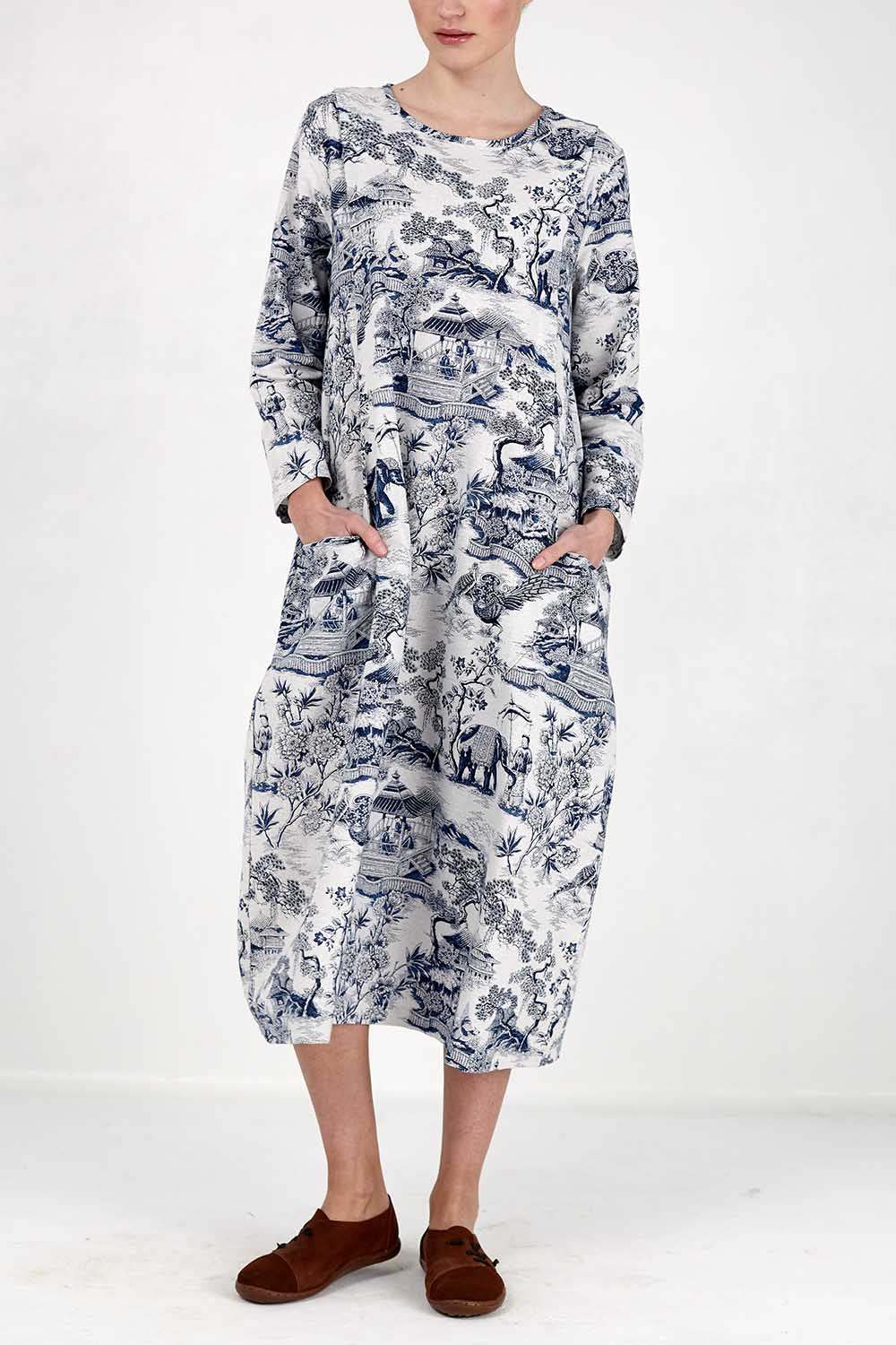 blue Japanese porcelain print midi dress with 3/4 sleeves and oversized pockets