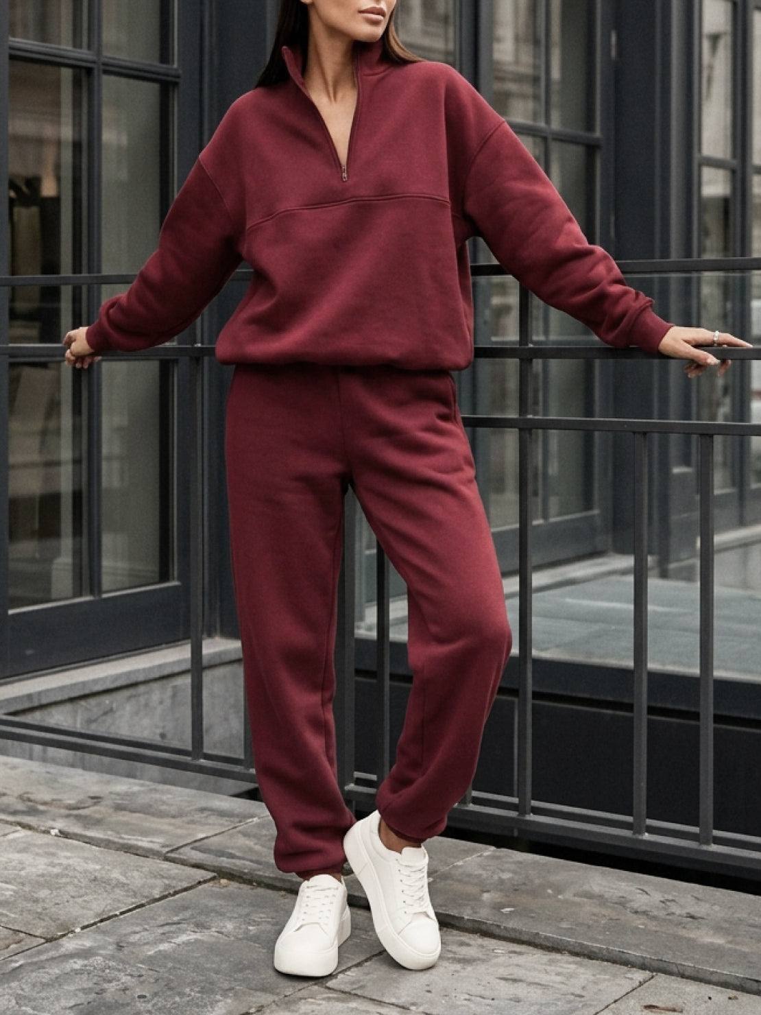 cotton-blended two-piece tracksuit with zip-up collar and relaxed fit pants