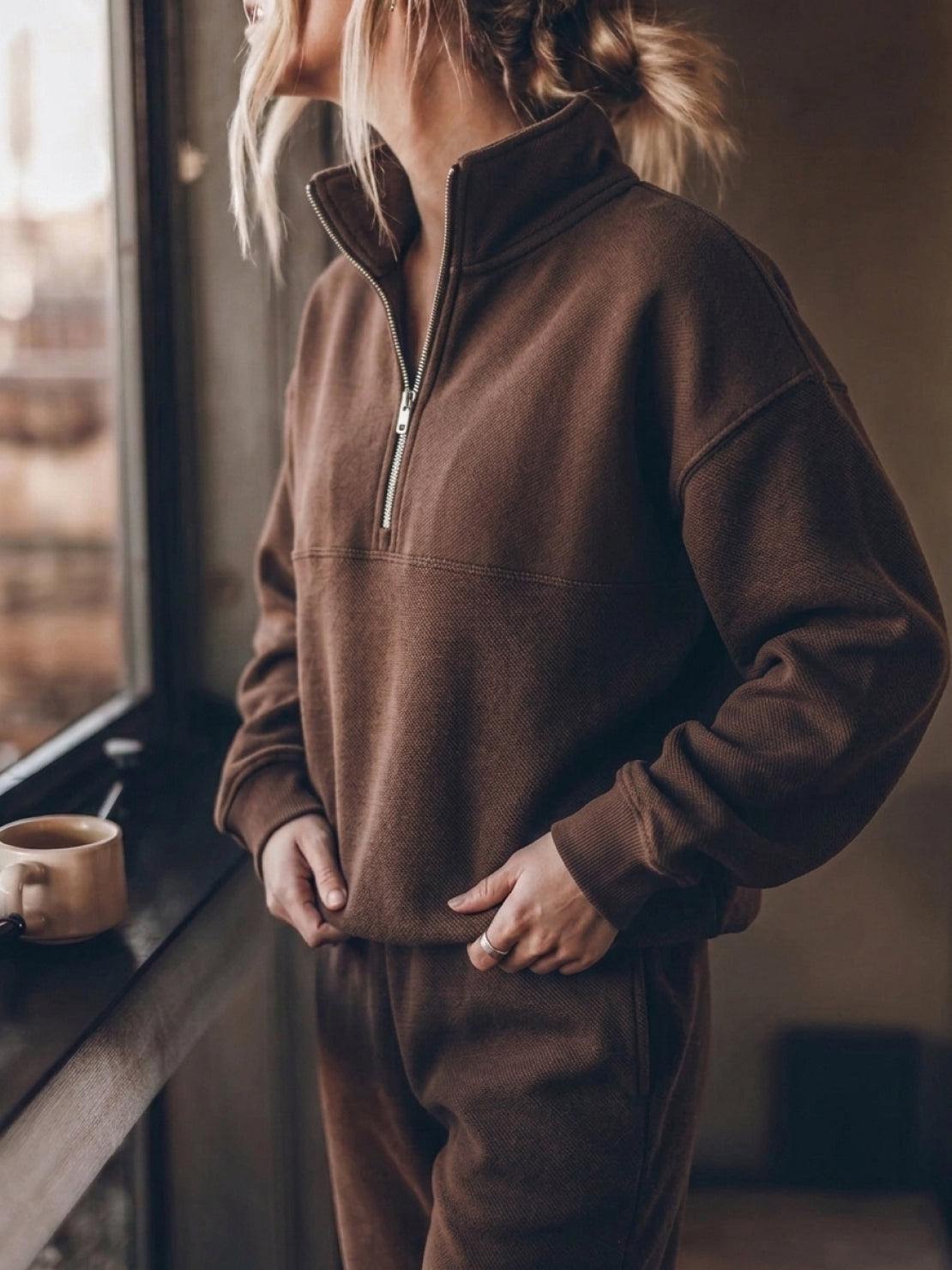 Cotton-blended two-piece tracksuit with zip-front top and straight-leg pants