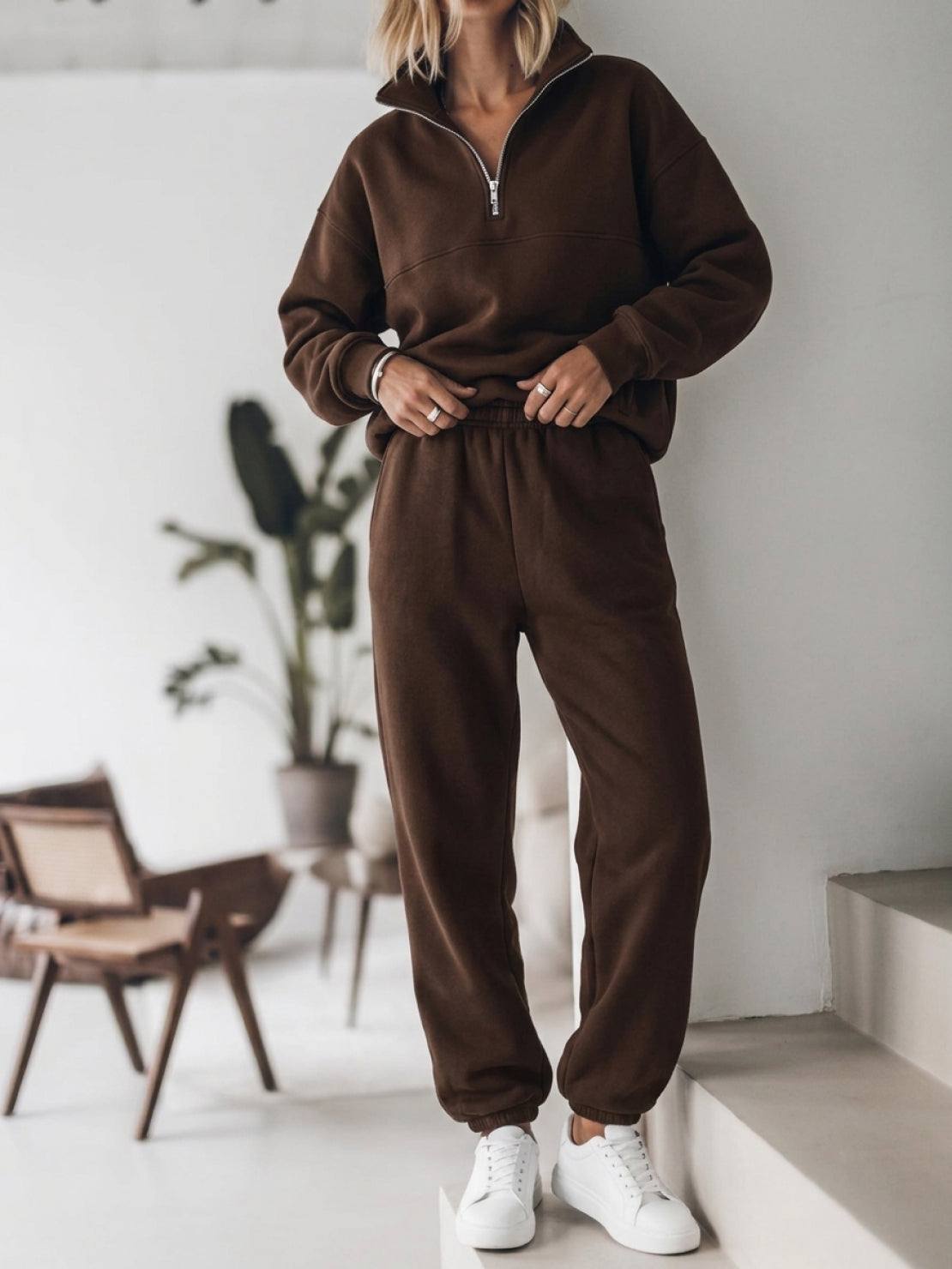 Cotton-blended two-piece tracksuit with zip-front top and straight-leg pants