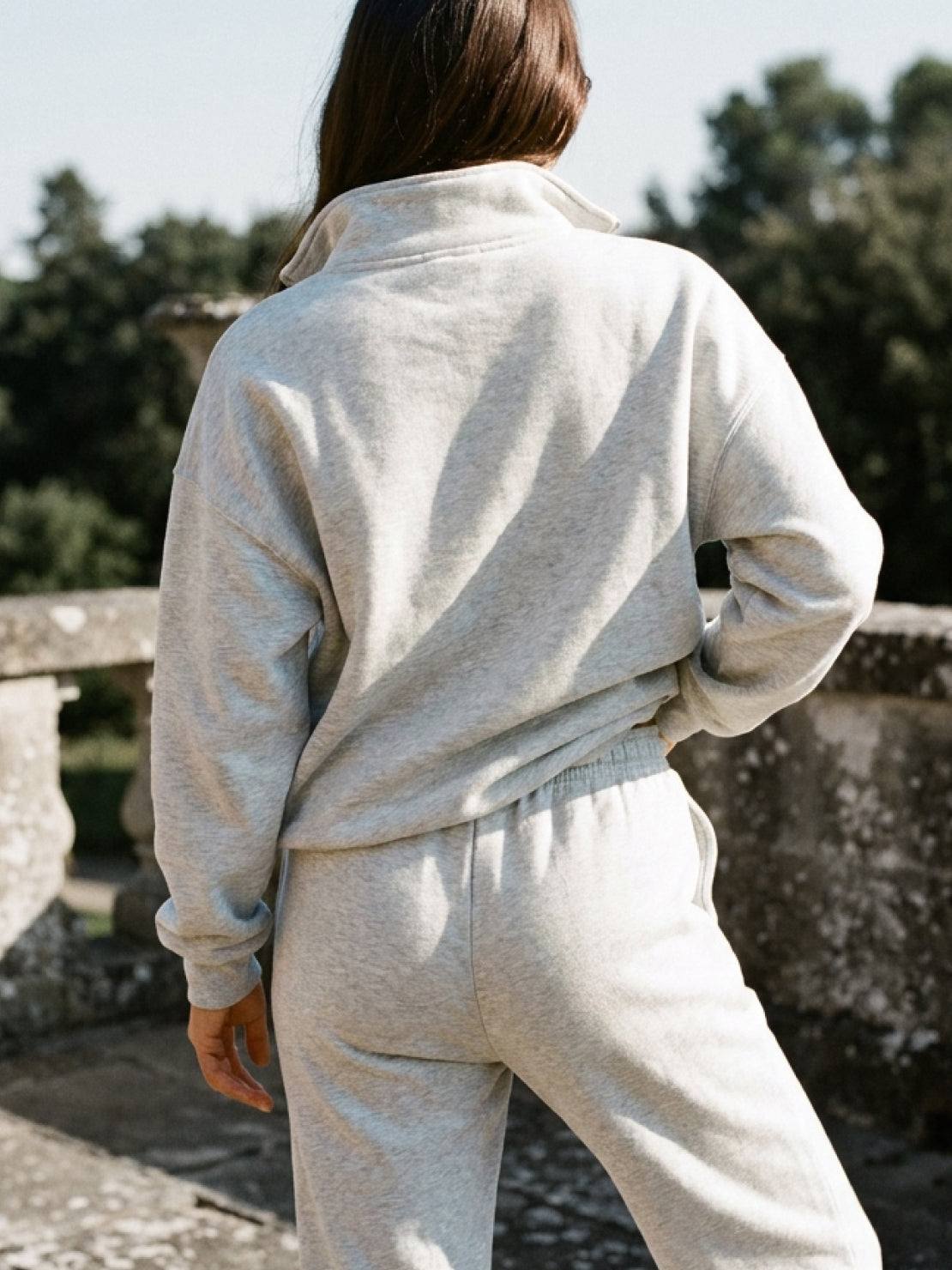 cotton-blended two-piece tracksuit with high collar zip top and straight-leg pants