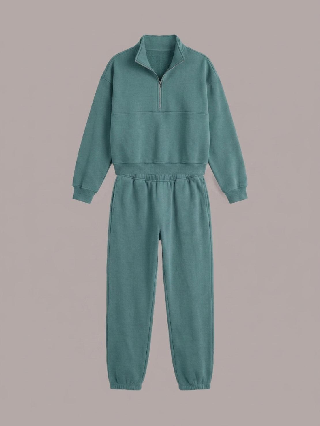 Cotton-blended two-piece tracksuit with high stand collar, zip front, and relaxed-fit pants