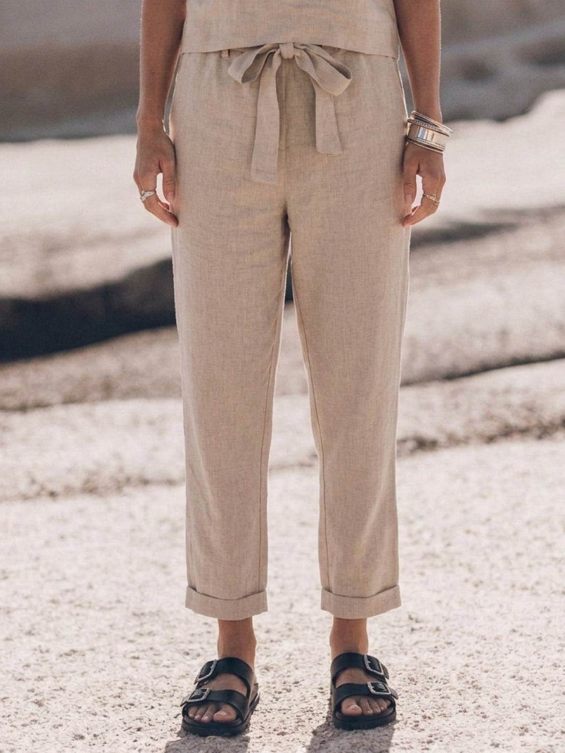 Cotton-linen blend relaxed two-piece set with short-sleeve top and straight-leg pants in monochrome tones