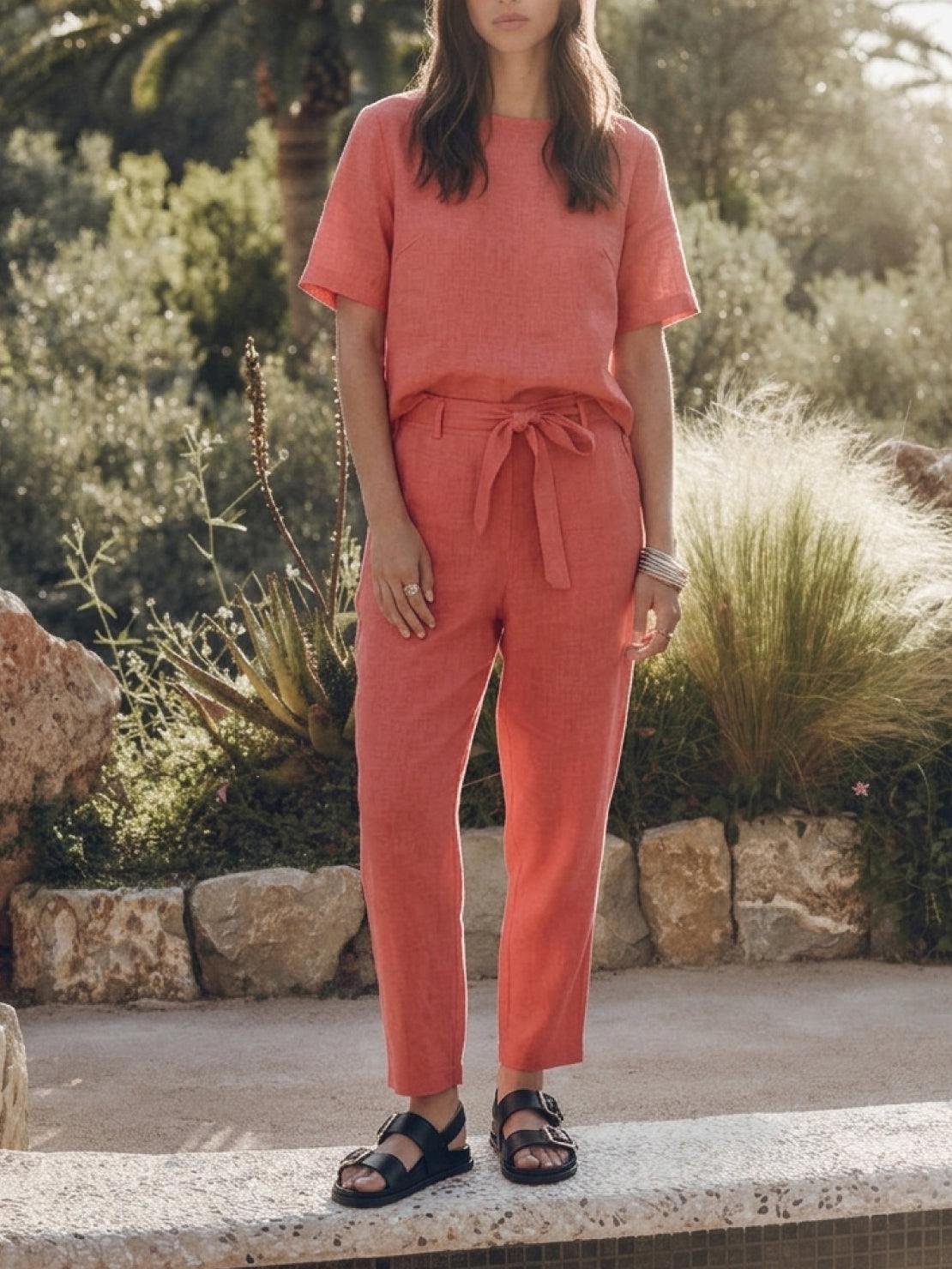 Cotton-linen set with relaxed short-sleeve top and straight-leg pants in breathable monochrome fabric