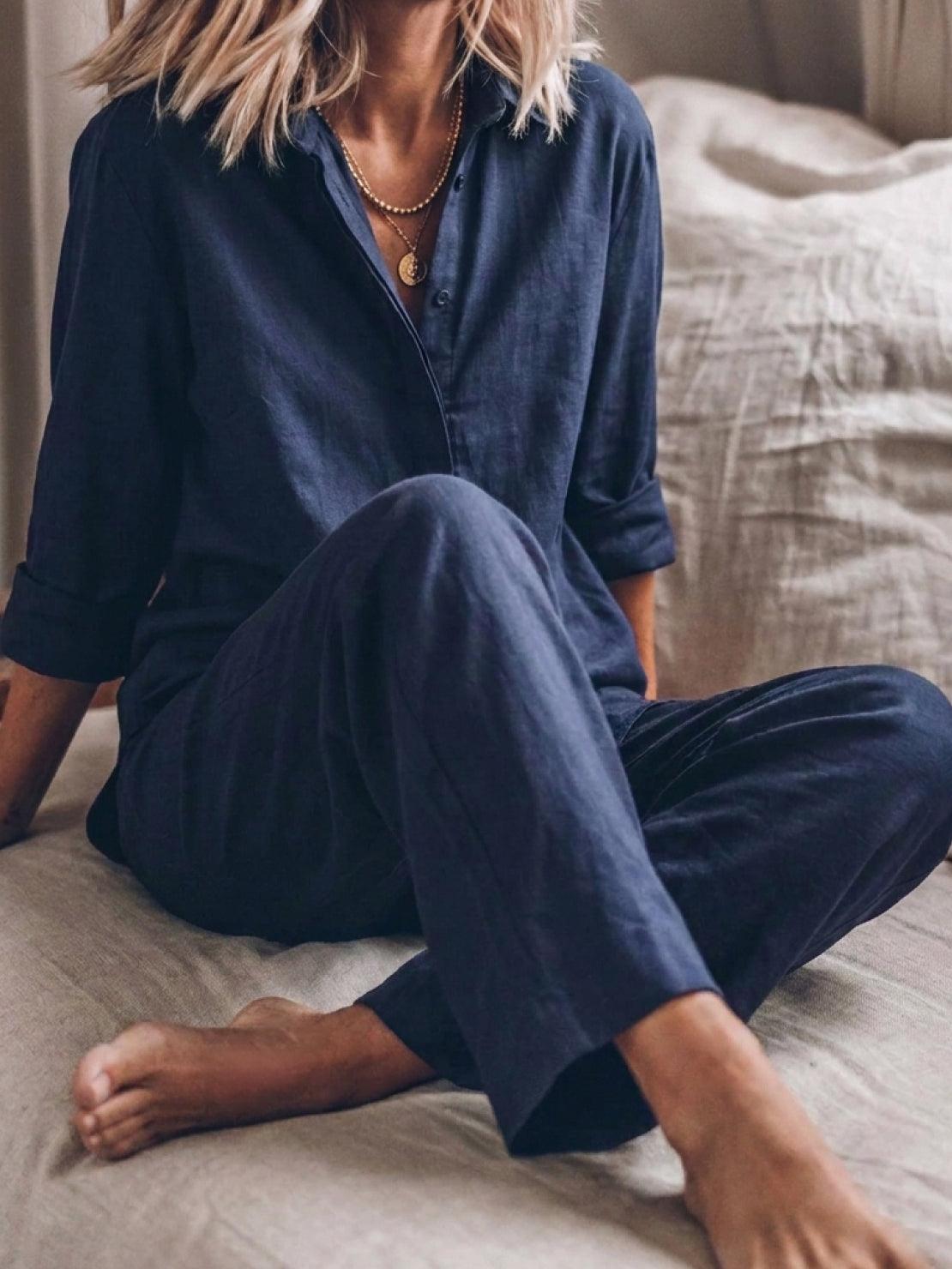 Woman wearing oversized 100% cotton shirt and wide-leg pants co-ord set in relaxed fit