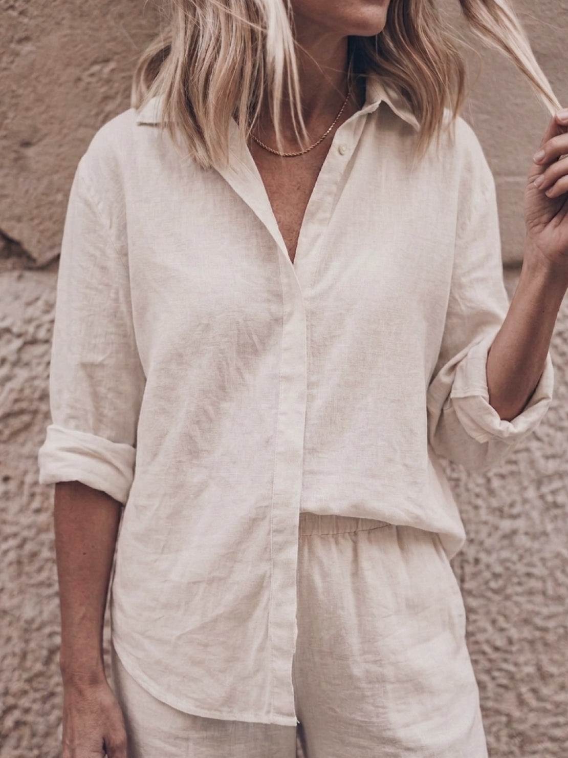 Model wearing oversized 100% cotton shirt and wide-leg pants co-ord set in relaxed fit
