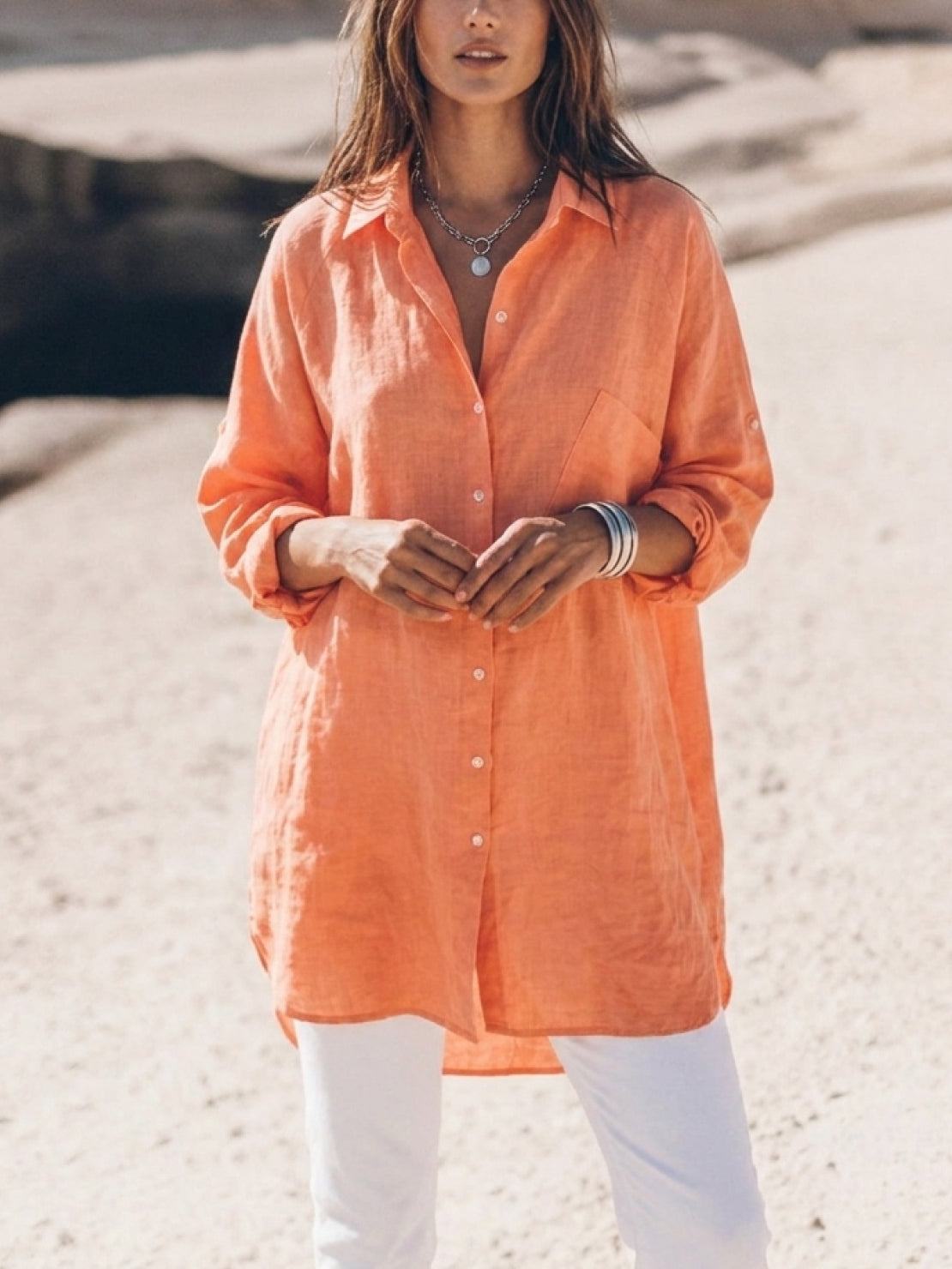oversized relaxed cotton linen shirt with dropped shoulders and back pleat detail