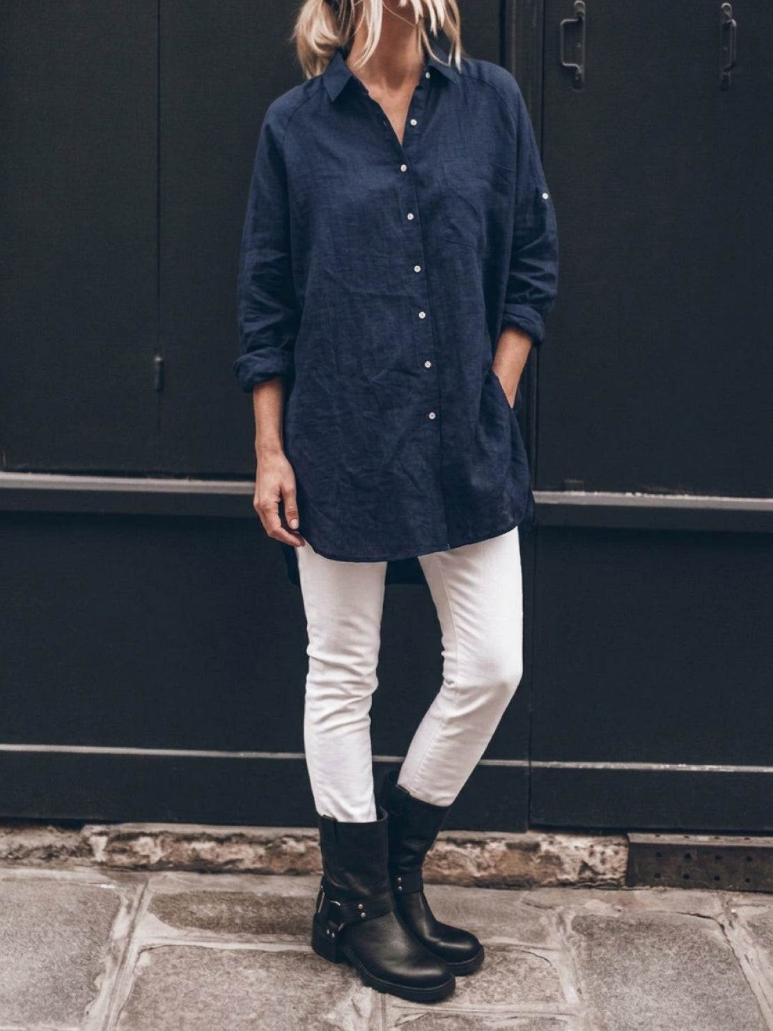 relaxed oversized 100% cotton linen shirt with dropped shoulders and back pleat detail