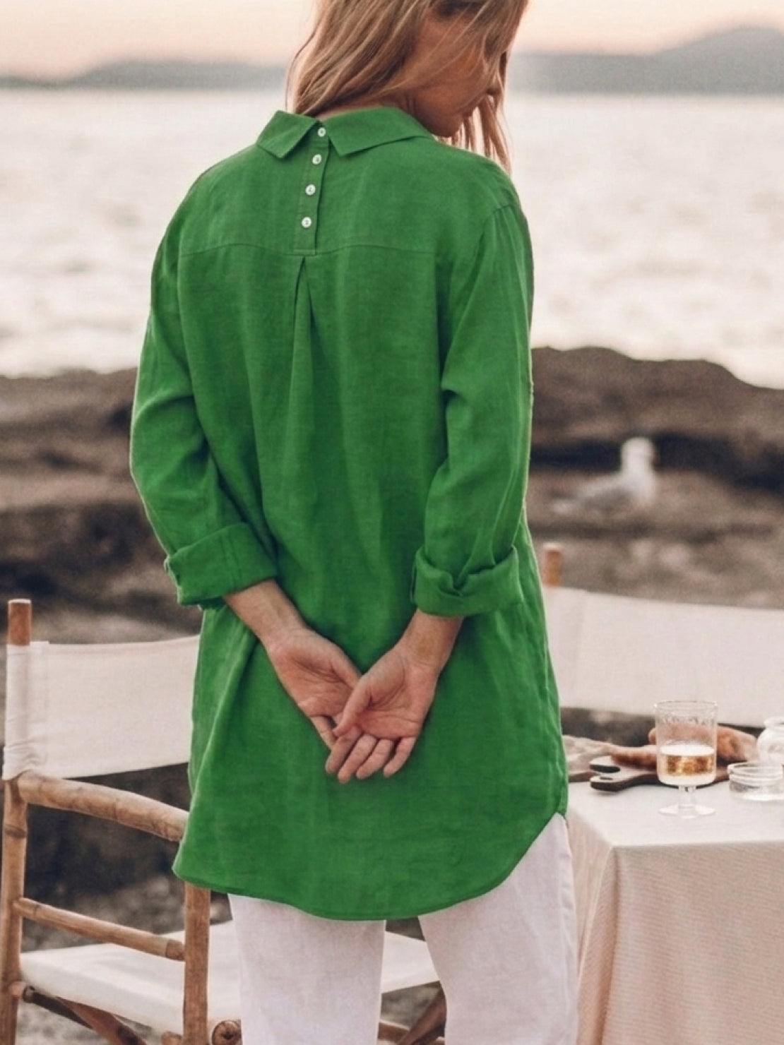 oversized relaxed cotton linen shirt with dropped shoulders and back pleat detail