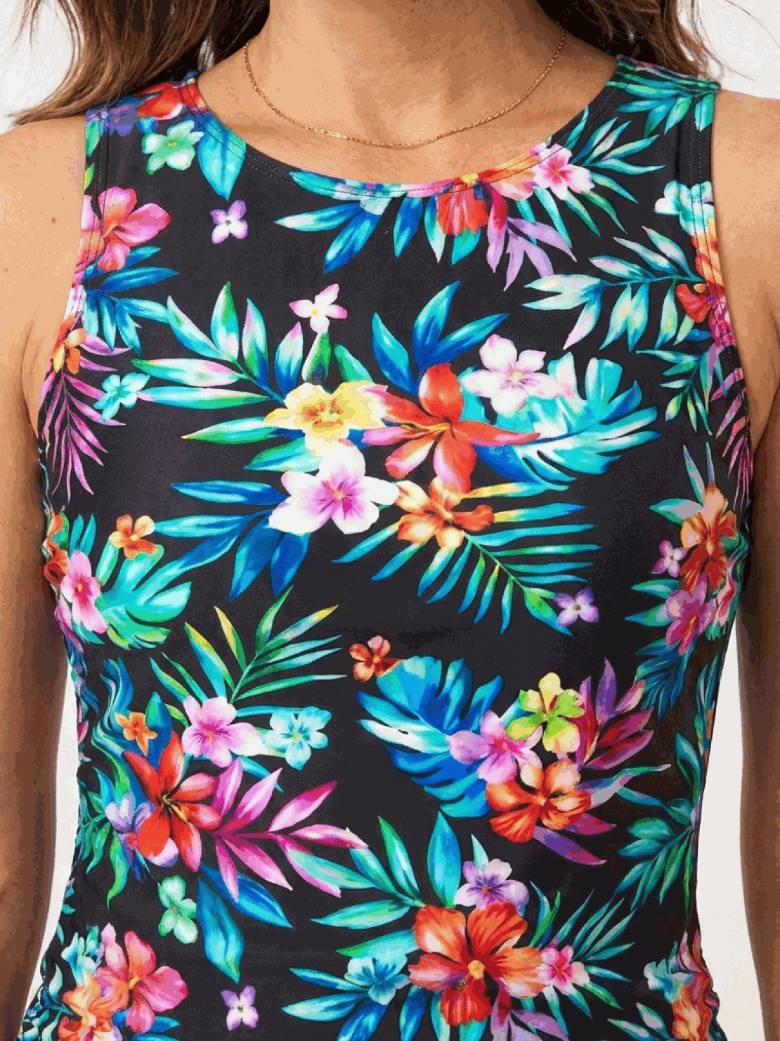 High-neck ruched tankini set with gathered side seams and built-in brief swimwear for women
