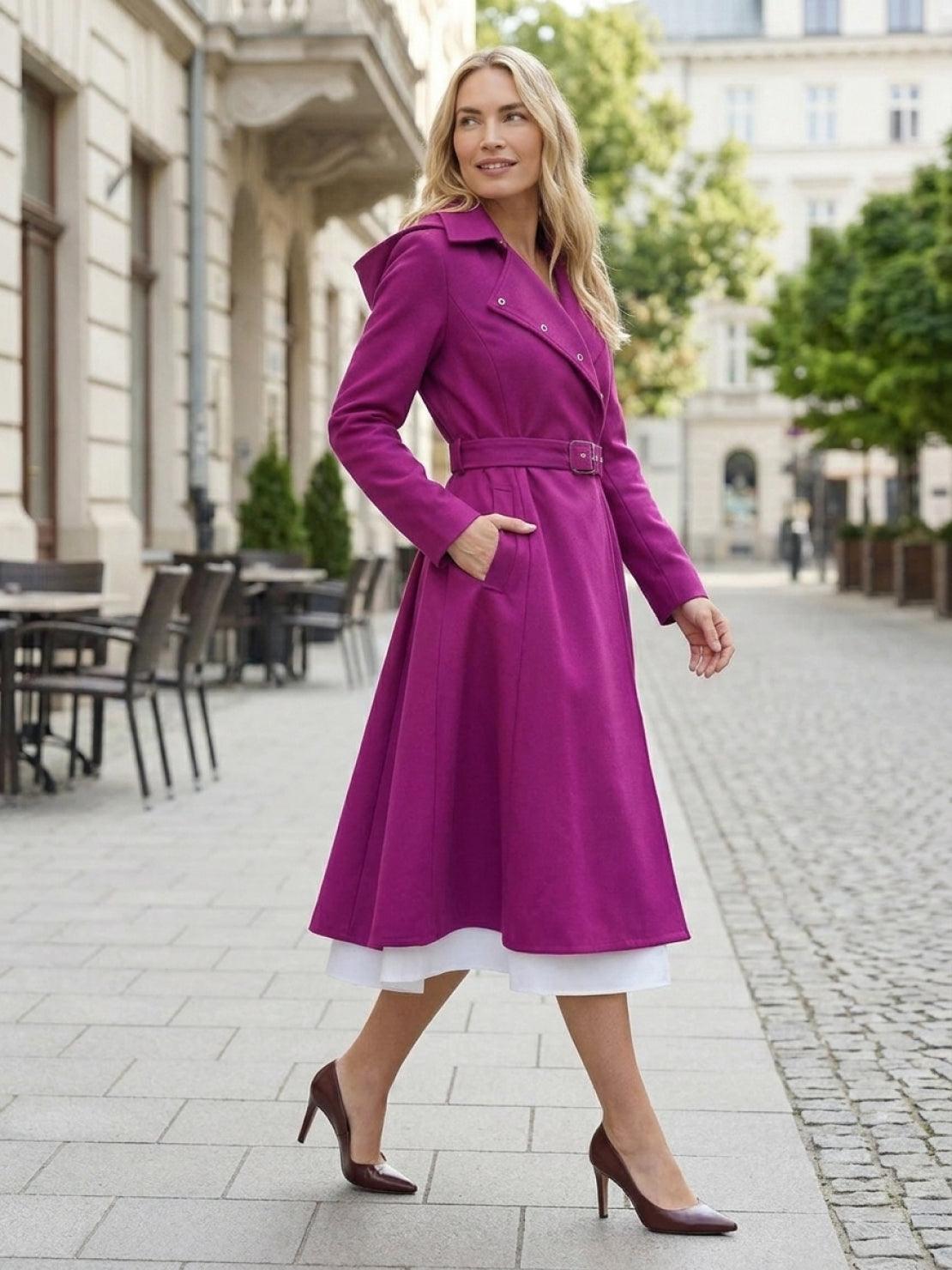 Water-repellent A-line hooded raincoat with belt and insulated lining for women