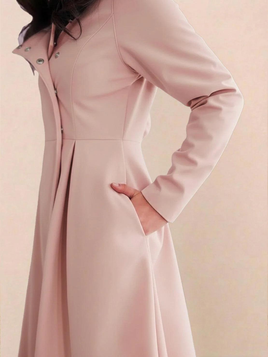 Elegant water-repellent A-line hooded raincoat for women with matching belt and insulated lining