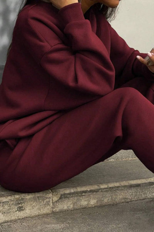 classic airplane set burgundy cotton blend cozy two-piece tracksuit with pullover and joggers