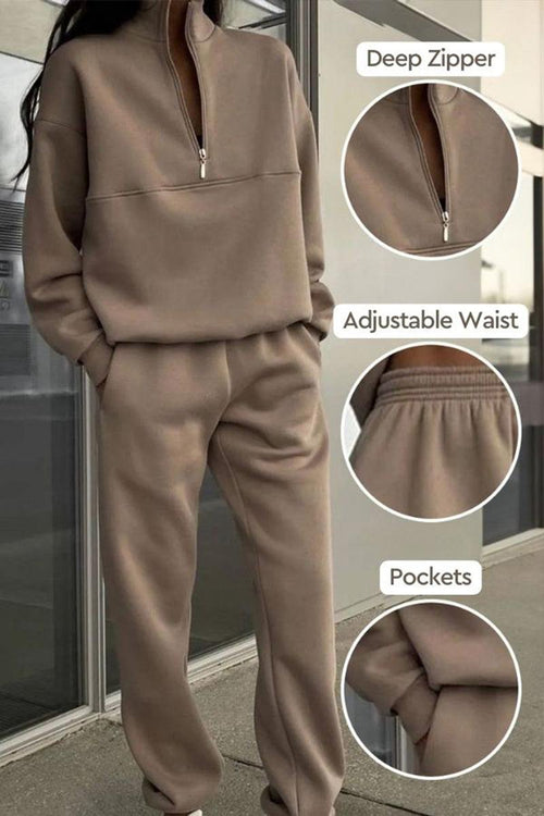 Classic Airplane Set cozy taupe two-piece tracksuit with deep zipper, adjustable waist, and pockets