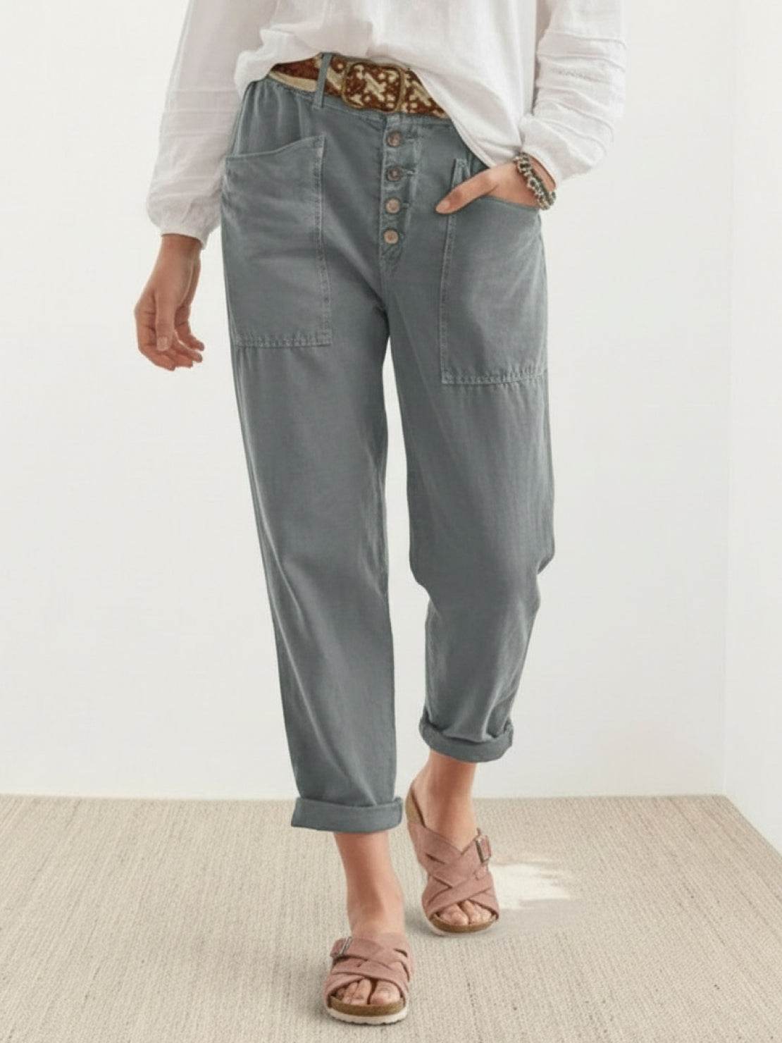Casual button-down utility-chic trousers with deep pockets and button fly detail in soft cotton blend fabric