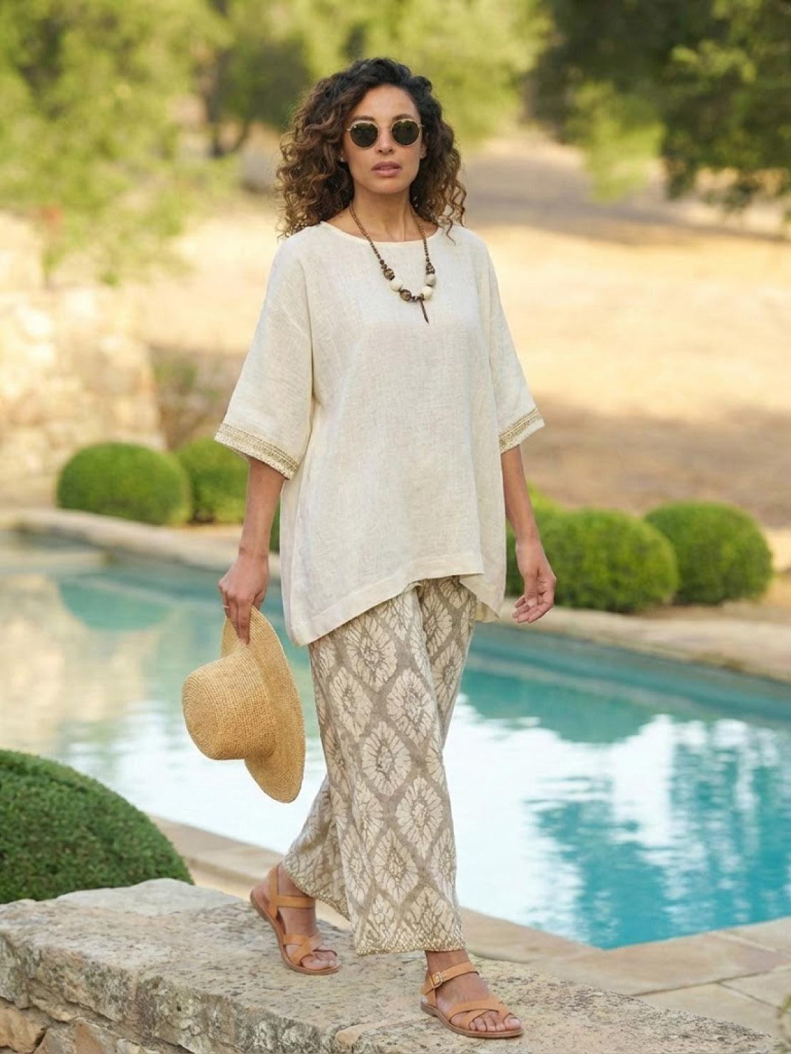 Coastal Comfort Linen two-piece set with crochet details and breathable linen fabric