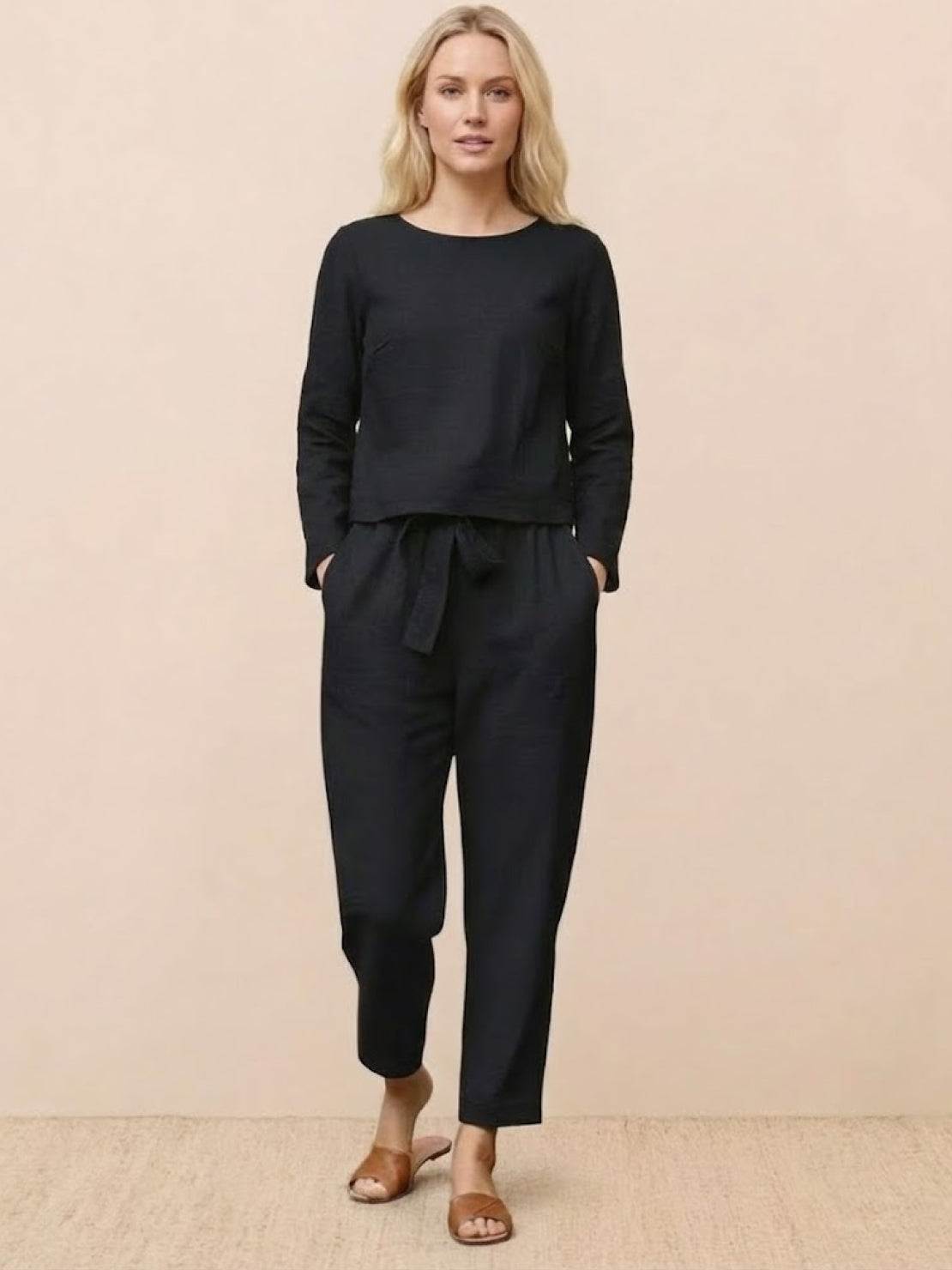 Cotton-linen monochrome relaxed longline top and wide-leg pants set in natural tones