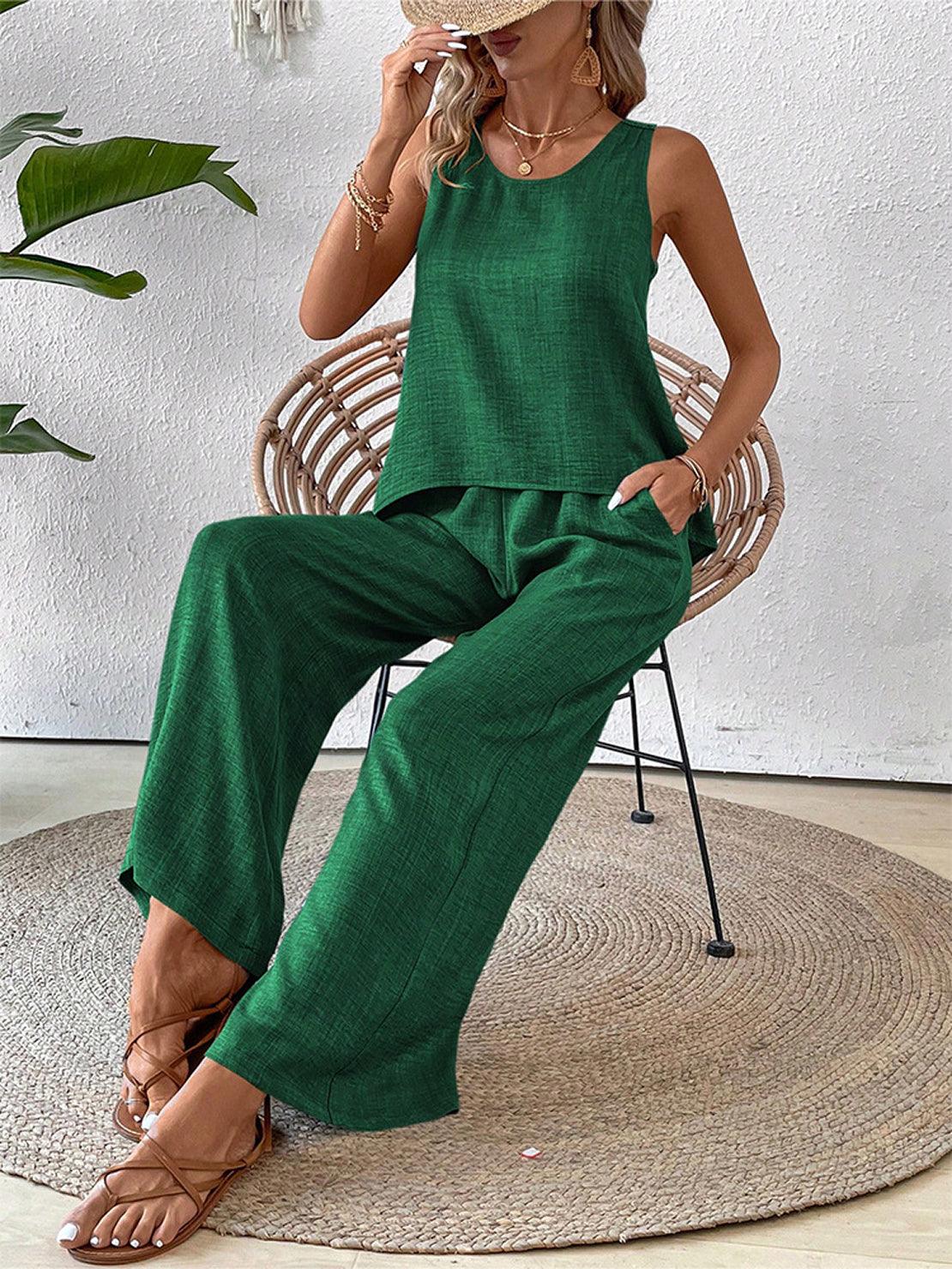 Dreamcatcher Crochet-Back two-piece set with sleeveless top and wide-leg palazzo pants in linen-look fabric