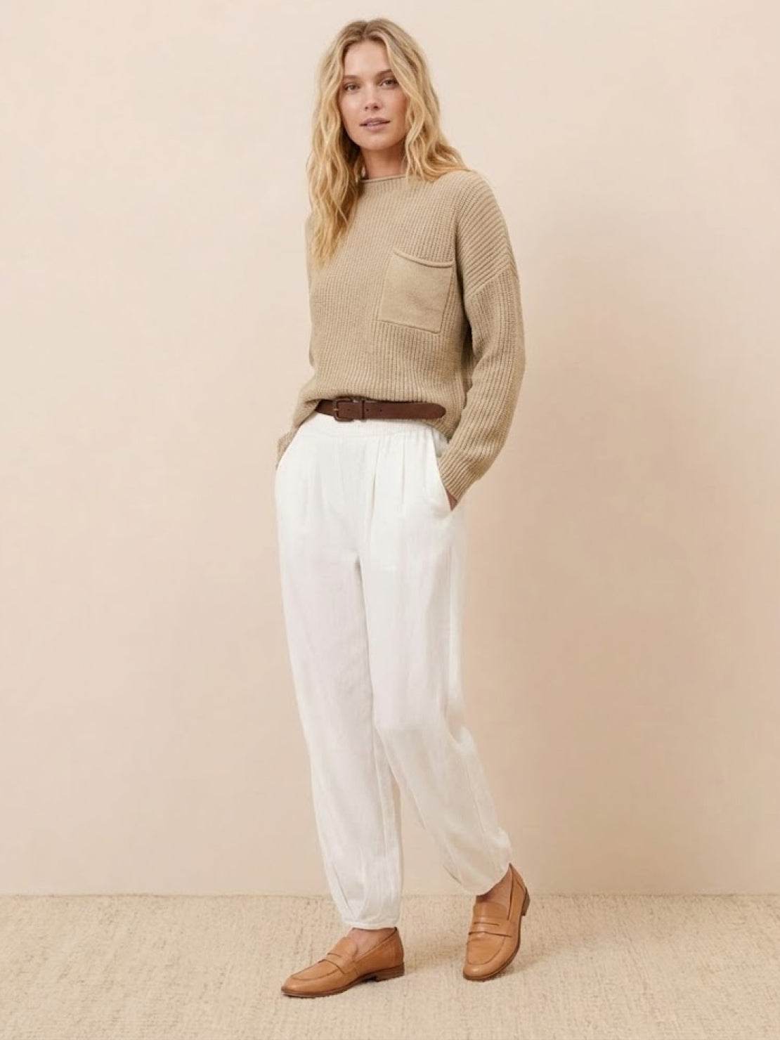 European Minimalism relaxed knit sweater and white trouser set with casual, elegant design