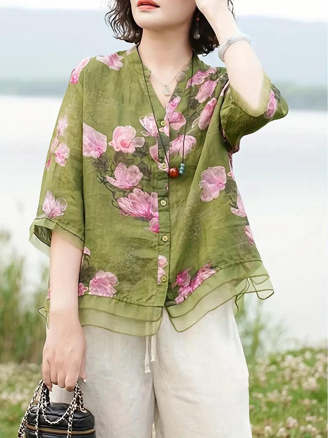 French boutique style organza floral print blouse with lightweight, elegant fabric and sophisticated design