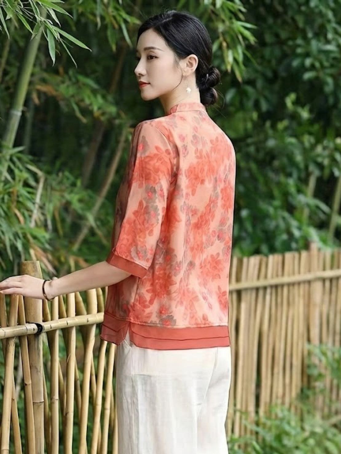 French boutique style organza floral print blouse in lightweight breathable fabric