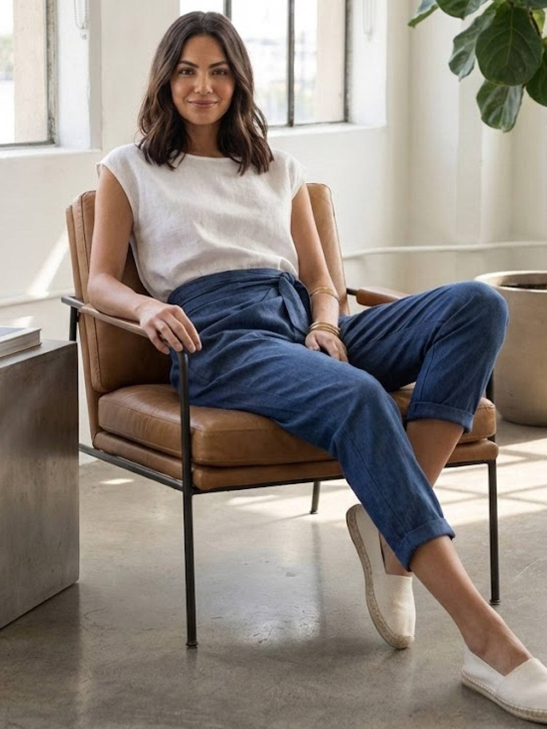 High-waist wrapped pants in breathable, lightweight fabric with loose fit and unique wrap design for comfortable, stylish everyday wear