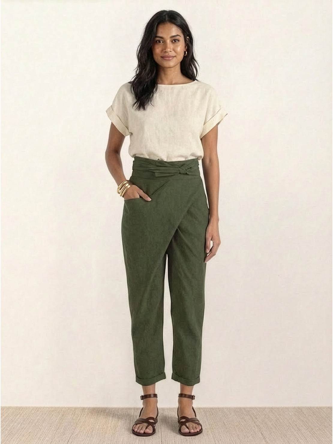 High-waist wrapped comfy pants in breathable stretch fabric with sleek design and one-side pocket for versatile casual wear