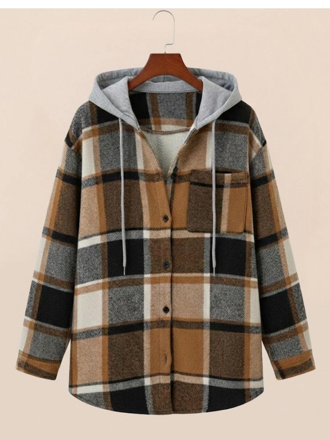 Highland Plaid Shacket with plaid pattern, fleece lining, hood, and button-front closure for casual cool-weather layering