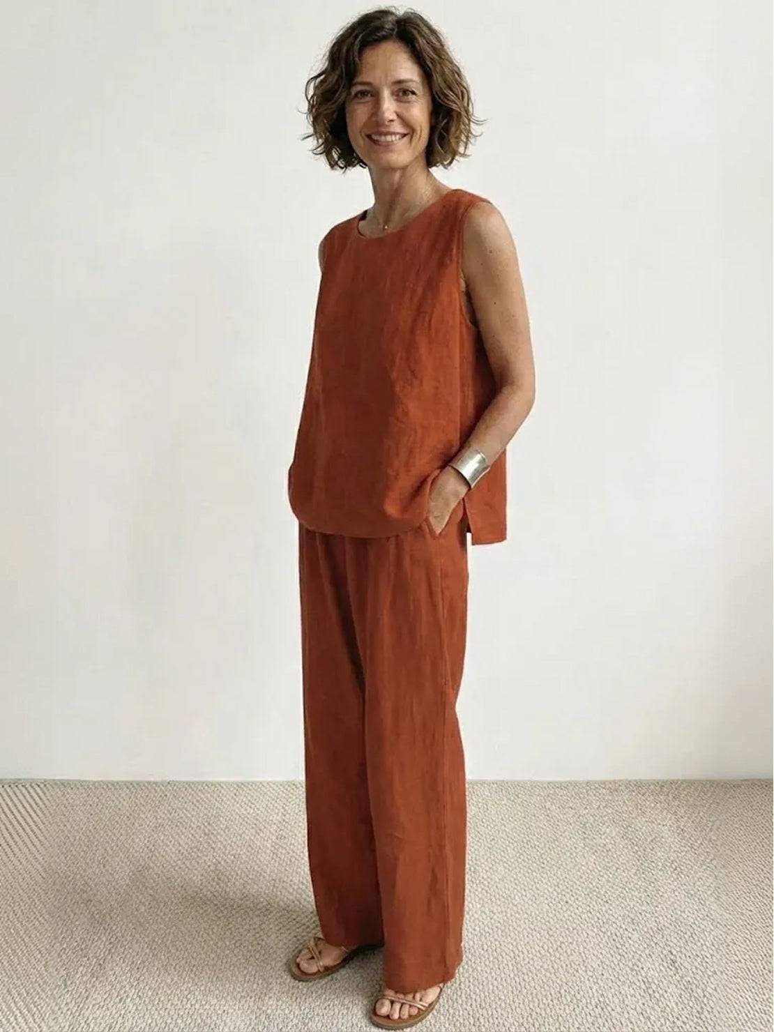 loose solid color sleeveless two-piece set with oversized fit and breathable cotton blend fabric