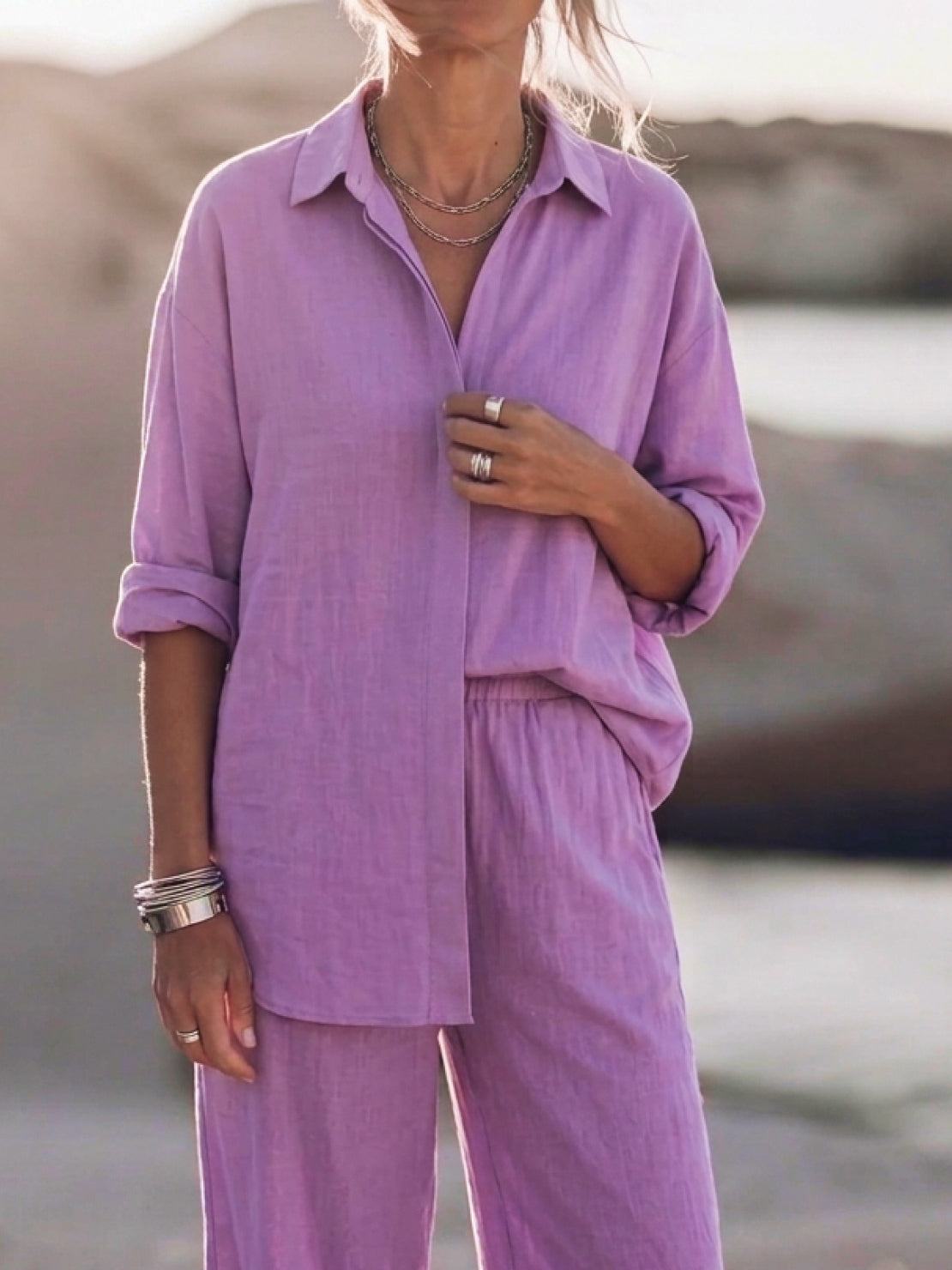 woman wearing oversized 100% cotton shirt and wide-leg pants co-ord set standing