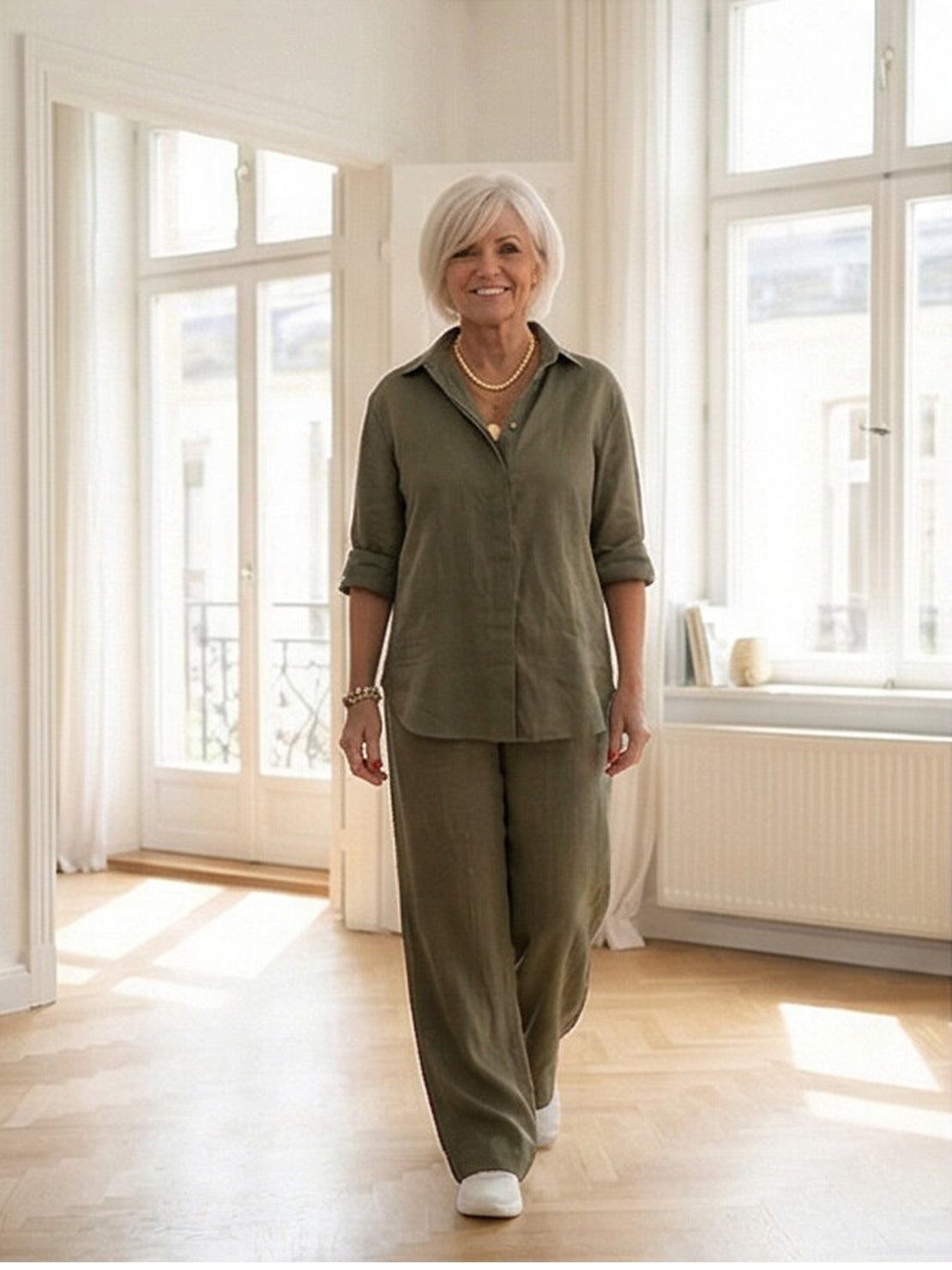 Model wearing oversized 100% cotton shirt and wide-leg pants co-ord set in relaxed silhouette