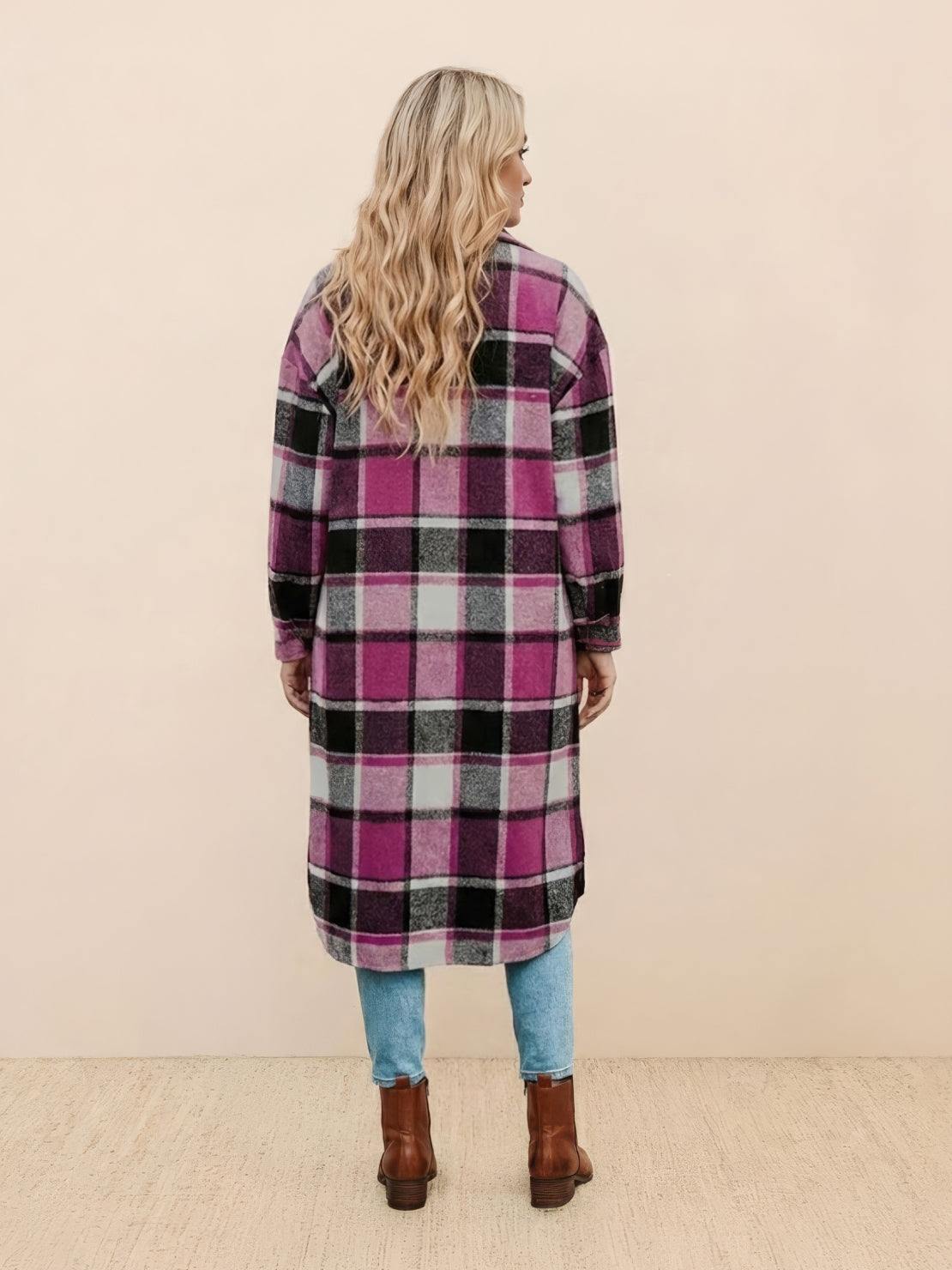 Oversized medium-length blue plaid overshirt wool-blend shacket with relaxed fit and functional pockets