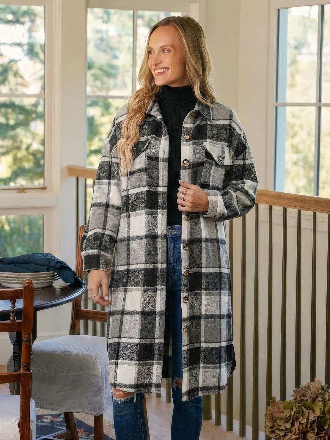 Oversized medium-length blue plaid wool-blend shacket with relaxed fit and pockets