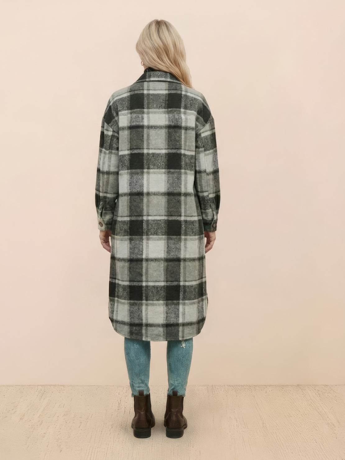 Oversized medium-length blue plaid overshirt with relaxed fit and wool-blend fabric