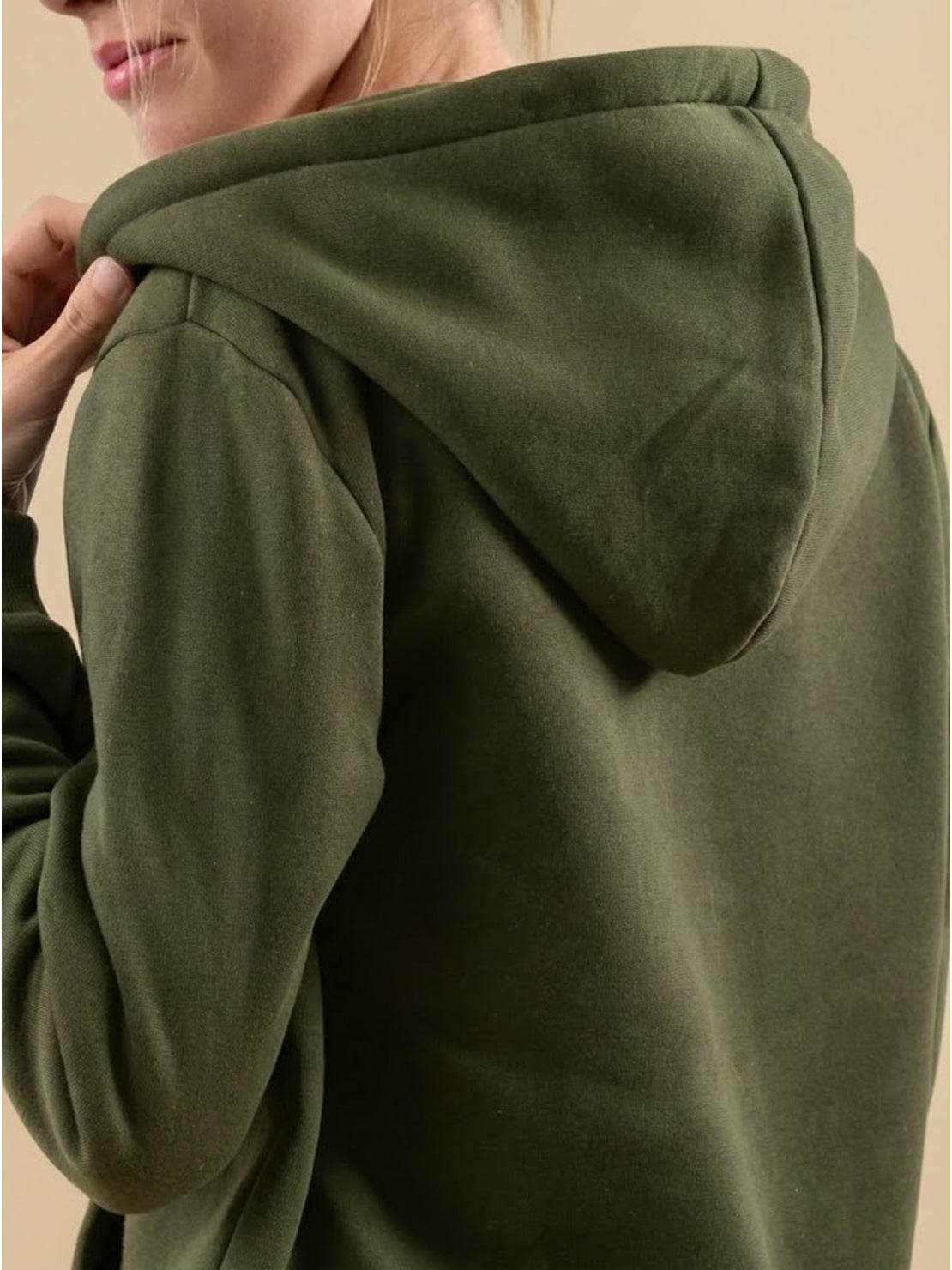 Olive oversized long zip sweatshirt hoodie with a fleece lining and hood shown from the back