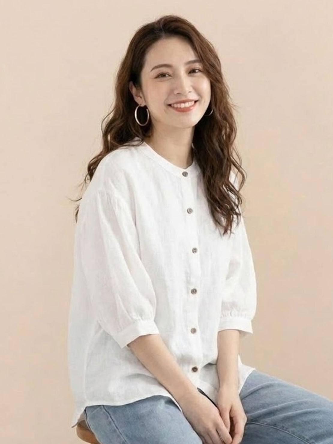Relaxed loose breathable linen blouse white button-down summer top